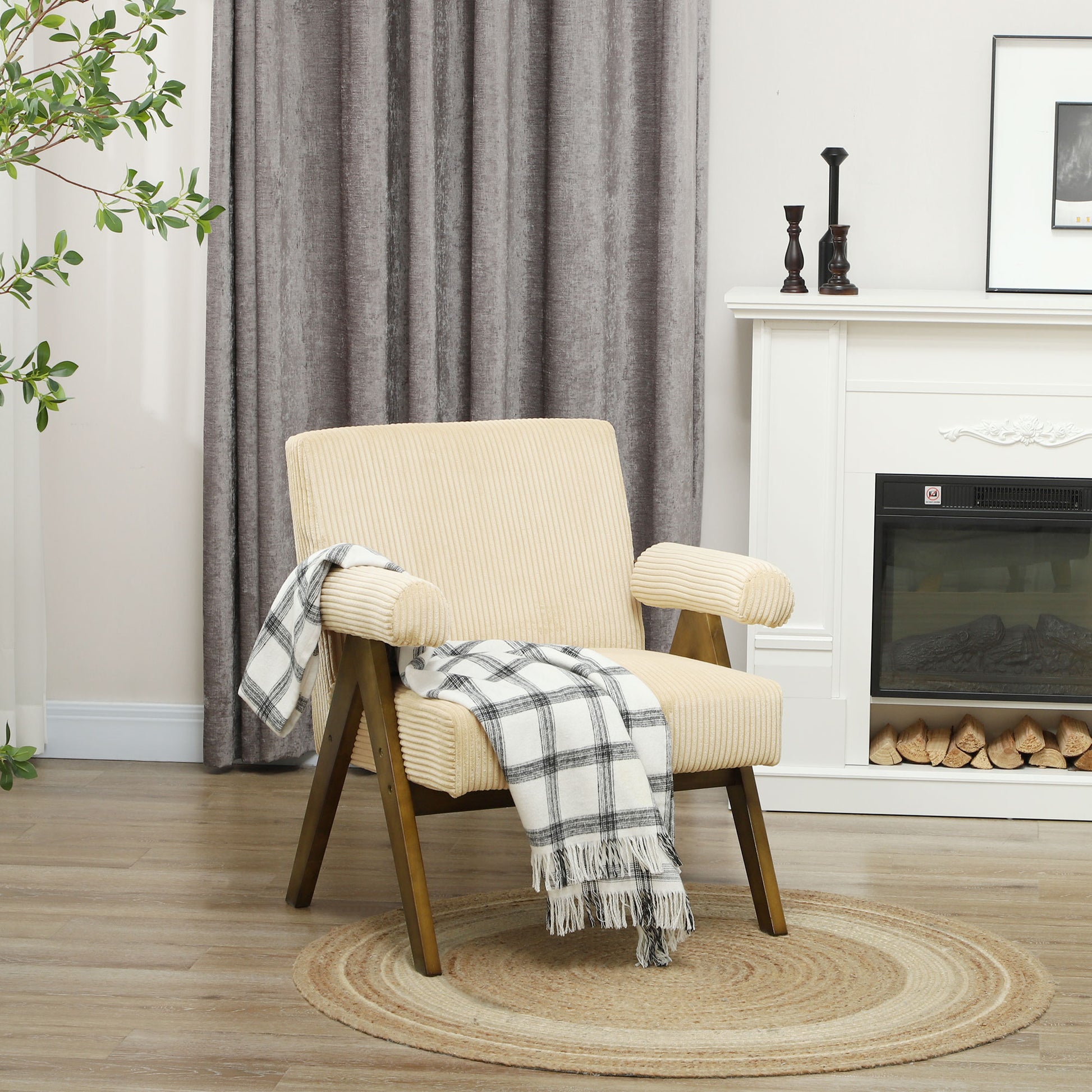 Corduroy Accent Chair Armchair with Wide Seat and Soft Padded Armrests for Reading, Bedroom, Beige Accent Chairs Beige  at Gallery Canada