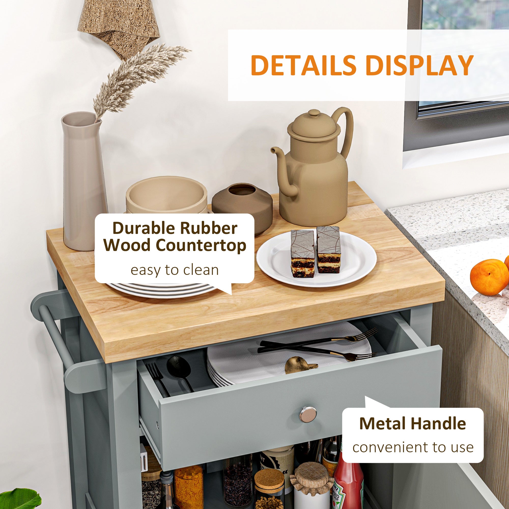 Kitchen Cart on Wheels, Rolling Kitchen Island Cart with Wood Top, Towel Rack, Drawer and Shelf for Dining Area, Grey Kitchen Islands & Kitchen Carts at Gallery Canada