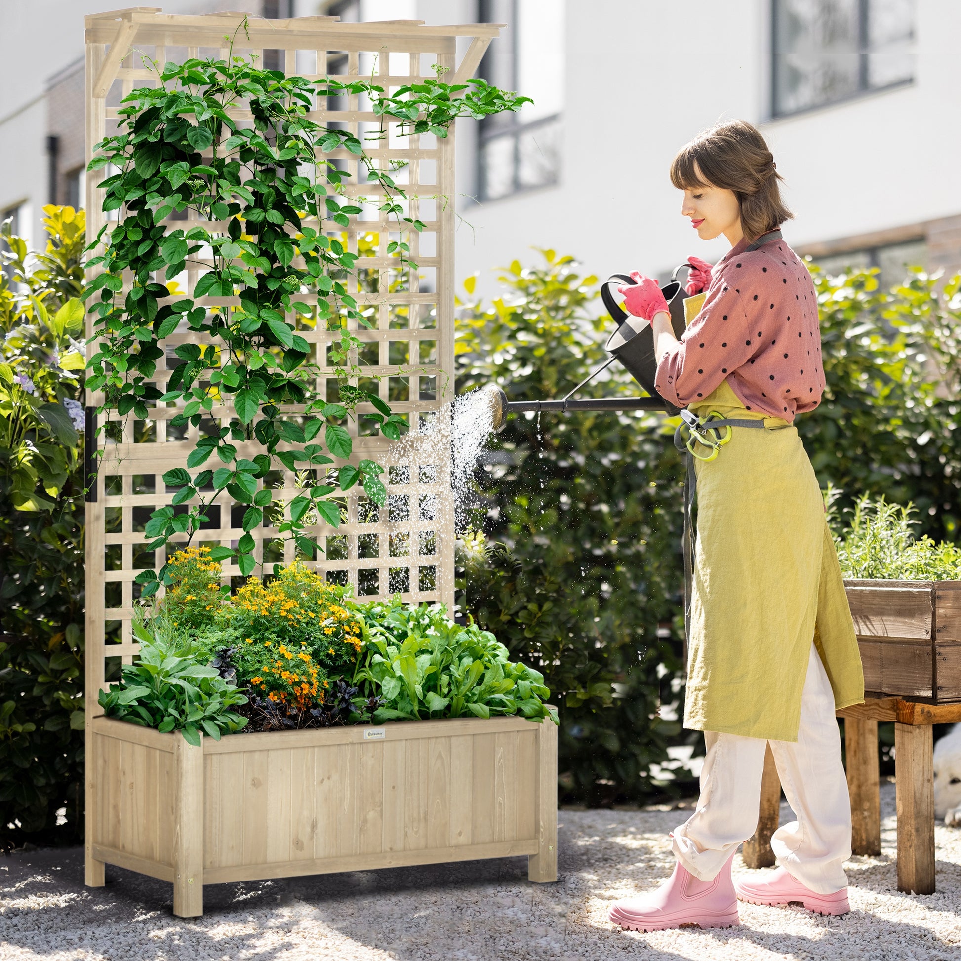 Wood Planter with Trellis for Vine Climbing, Raised Garden Bed, Privacy Screen for Backyard, Patio, Deck, Natural Wood Raised Garden Beds Natural at Gallery Canada