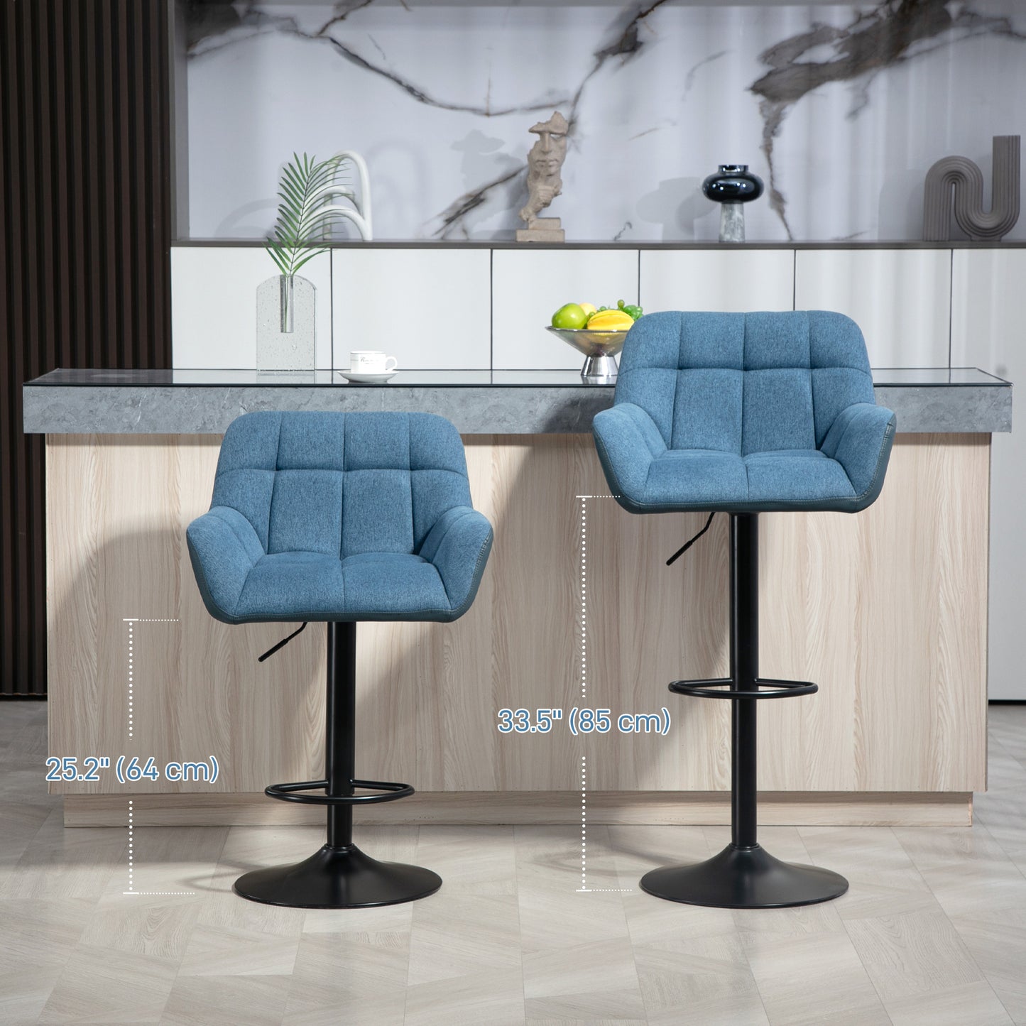 Swivel Barstools Set of 2 Adjustable Bar Stools with Footrest Armrests and PU Leather Back for Dining Room Dark Blue Bar Stools   at Gallery Canada