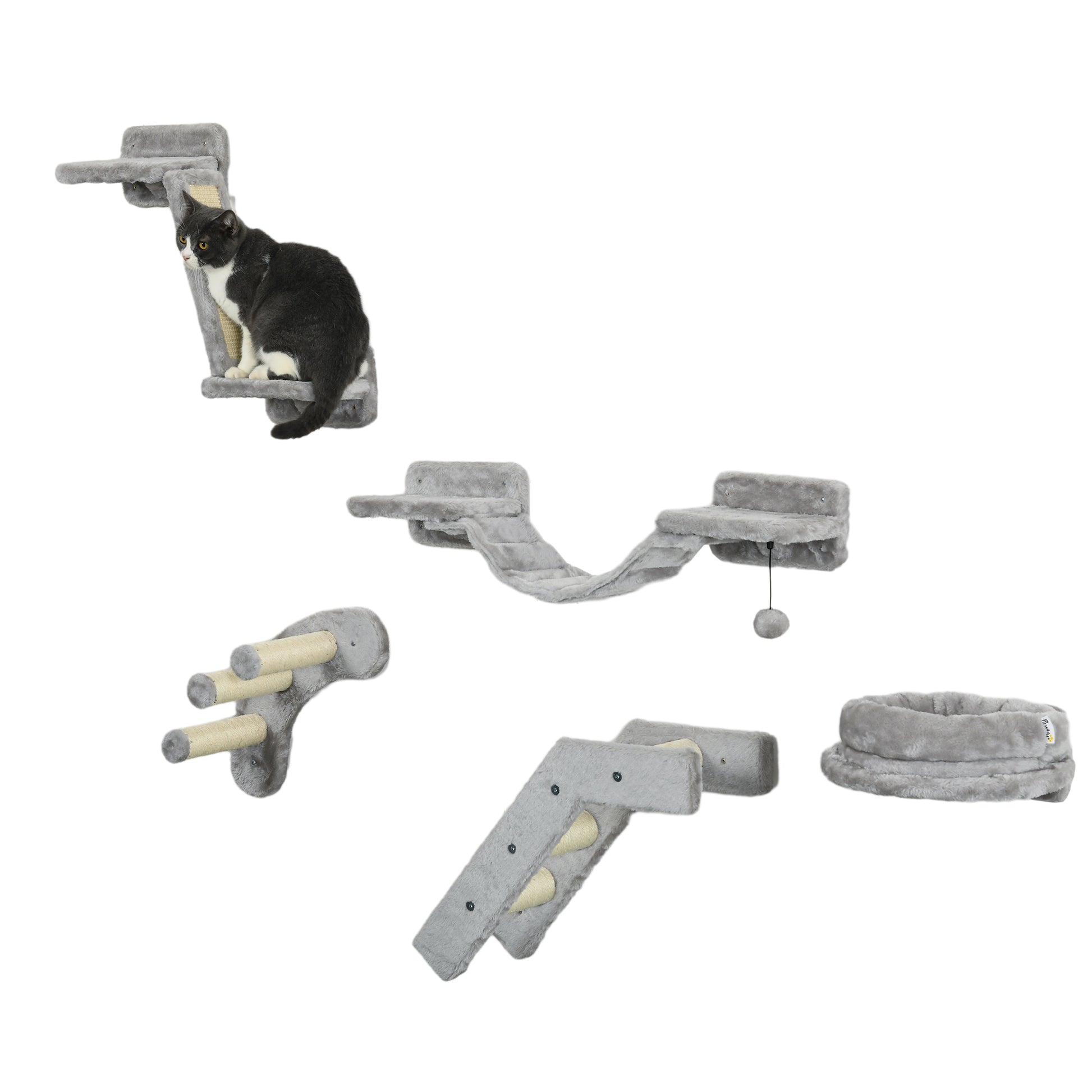 5PCs Cat Wall Shelves with Scratching Post, Ladder, Cat Bed, Jumping Platform, Perches, Toy Ball, Step Cat Climbing Wall   at Gallery Canada