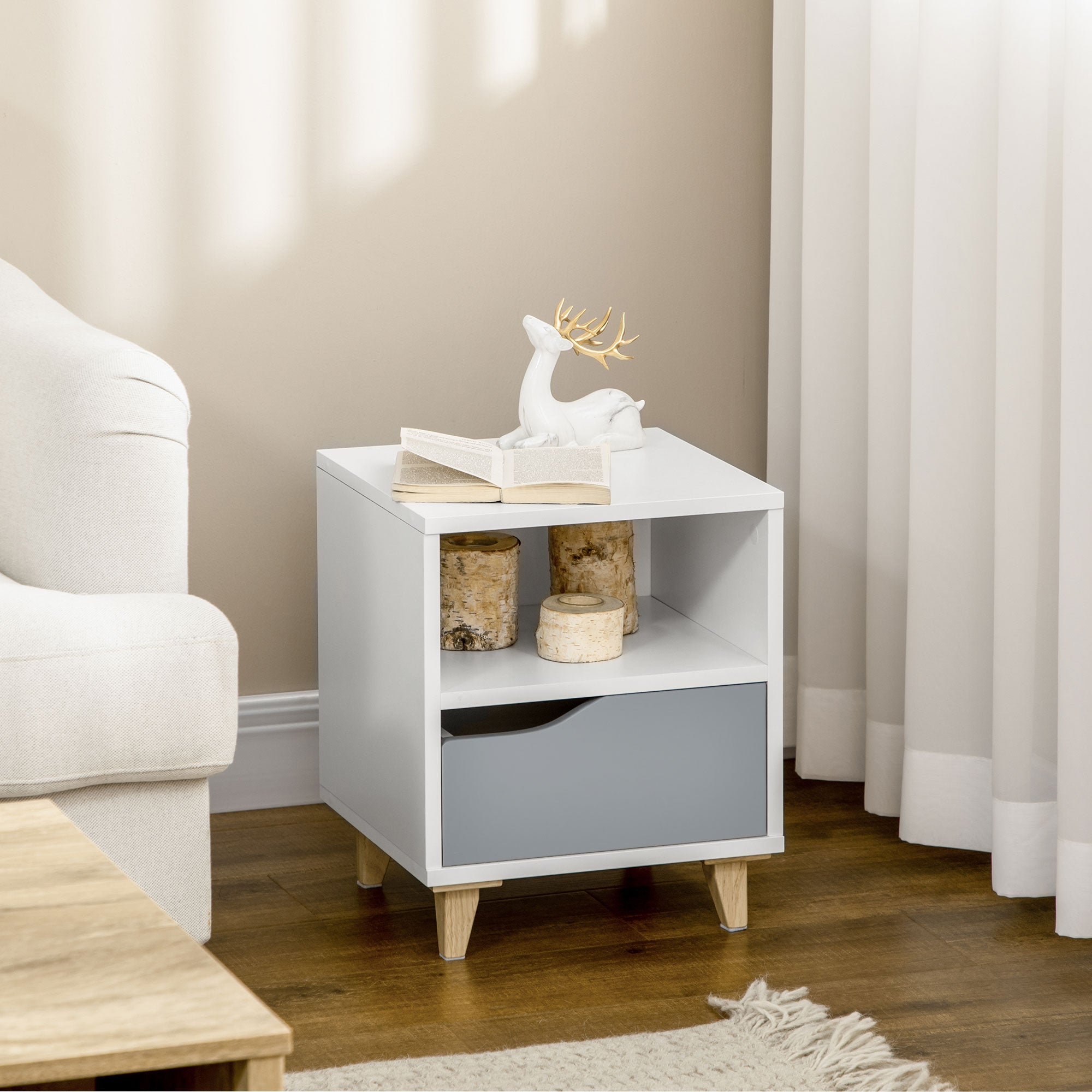 Modern Bedside Table, Side End Table with Shelf, Drawer and Wood Legs, 14.5