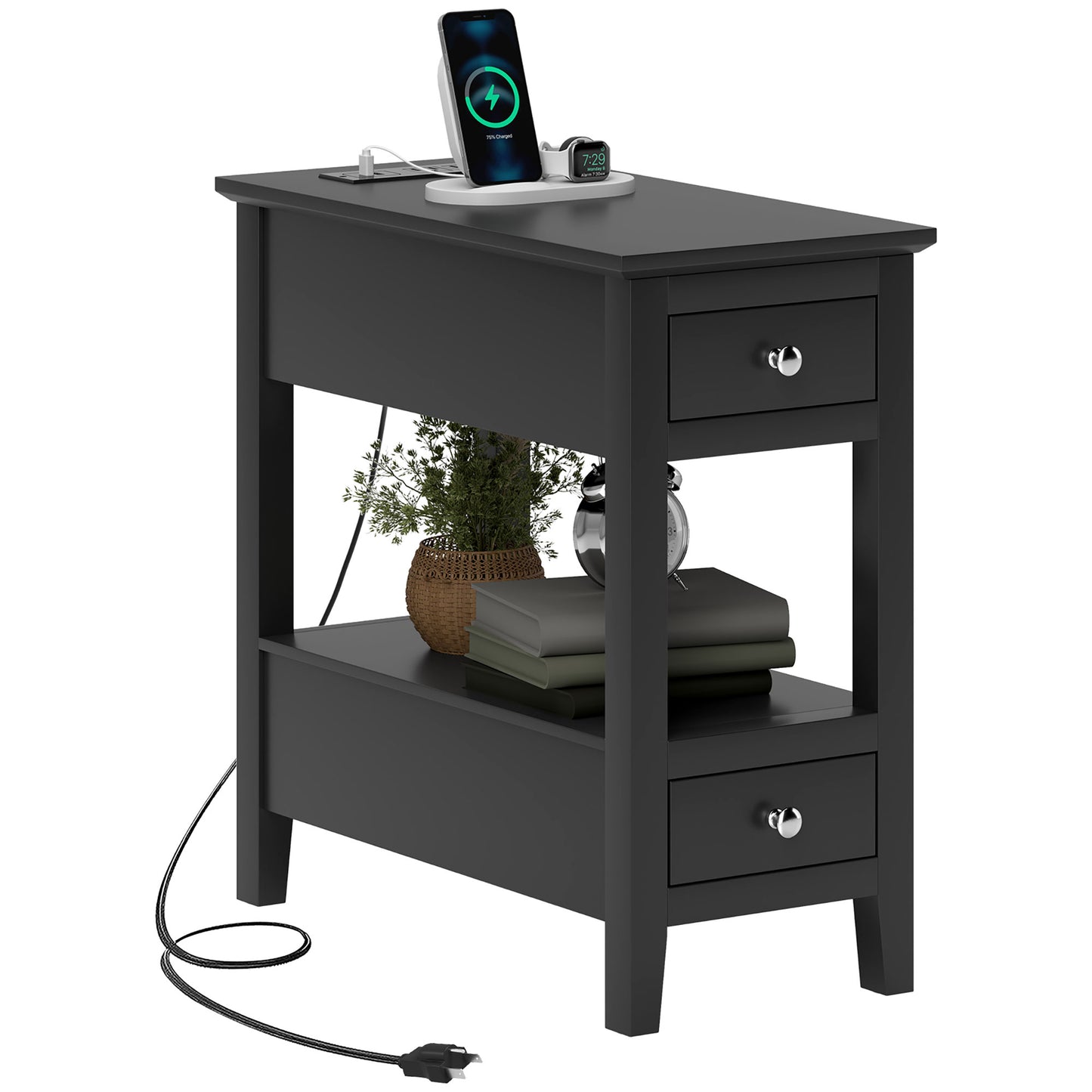 Narrow Side Table with Charging Station, USB Ports, Modern End Table with Storage Shelf, Drawers for Living Room, Black Side Tables   at Gallery Canada