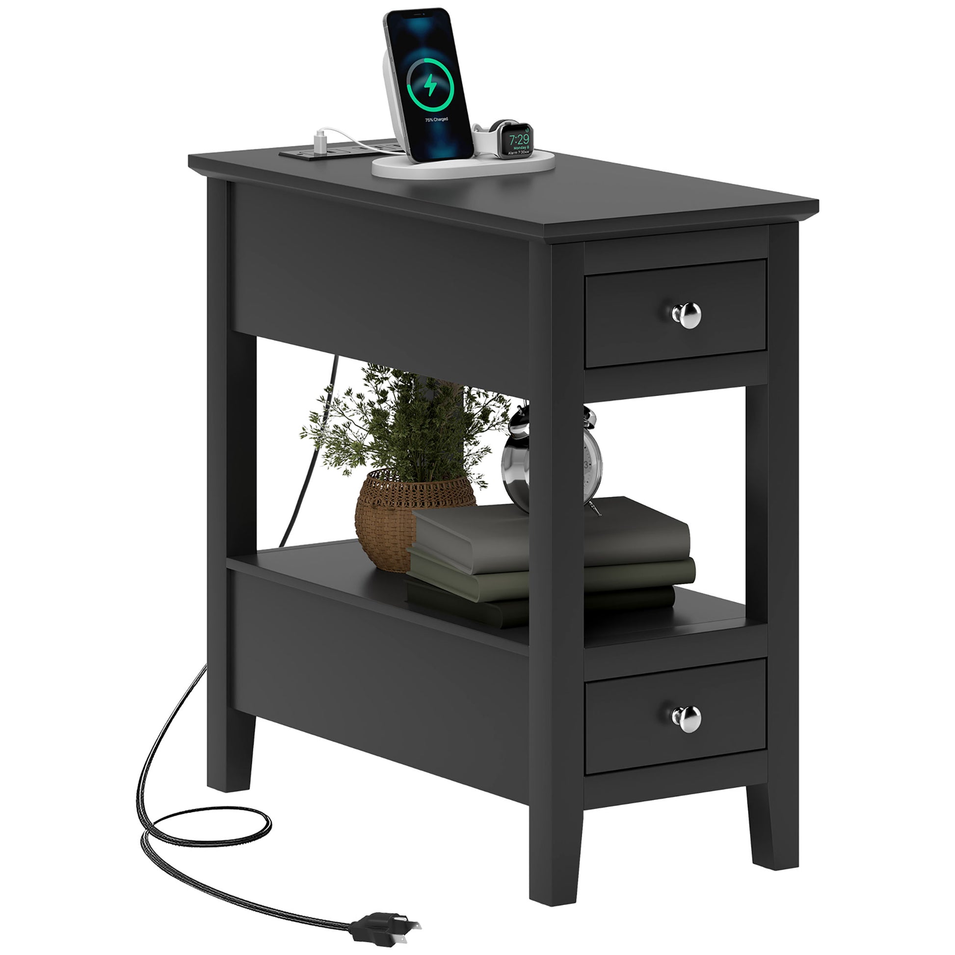 Narrow Side Table with Charging Station, USB Ports, Modern End Table with Storage Shelf, Drawers for Living Room, Black Side Tables   at Gallery Canada