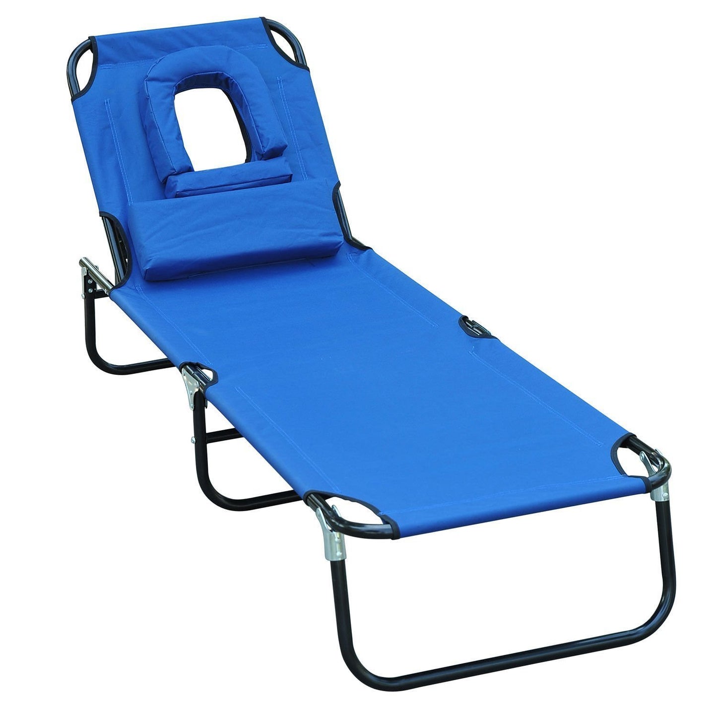 Adjustable Garden Sun Lounger w/ Reading Hole Outdoor Reclining Seat Folding Camping Beach Lounging Bed Blue Lounger Chairs   at Gallery Canada