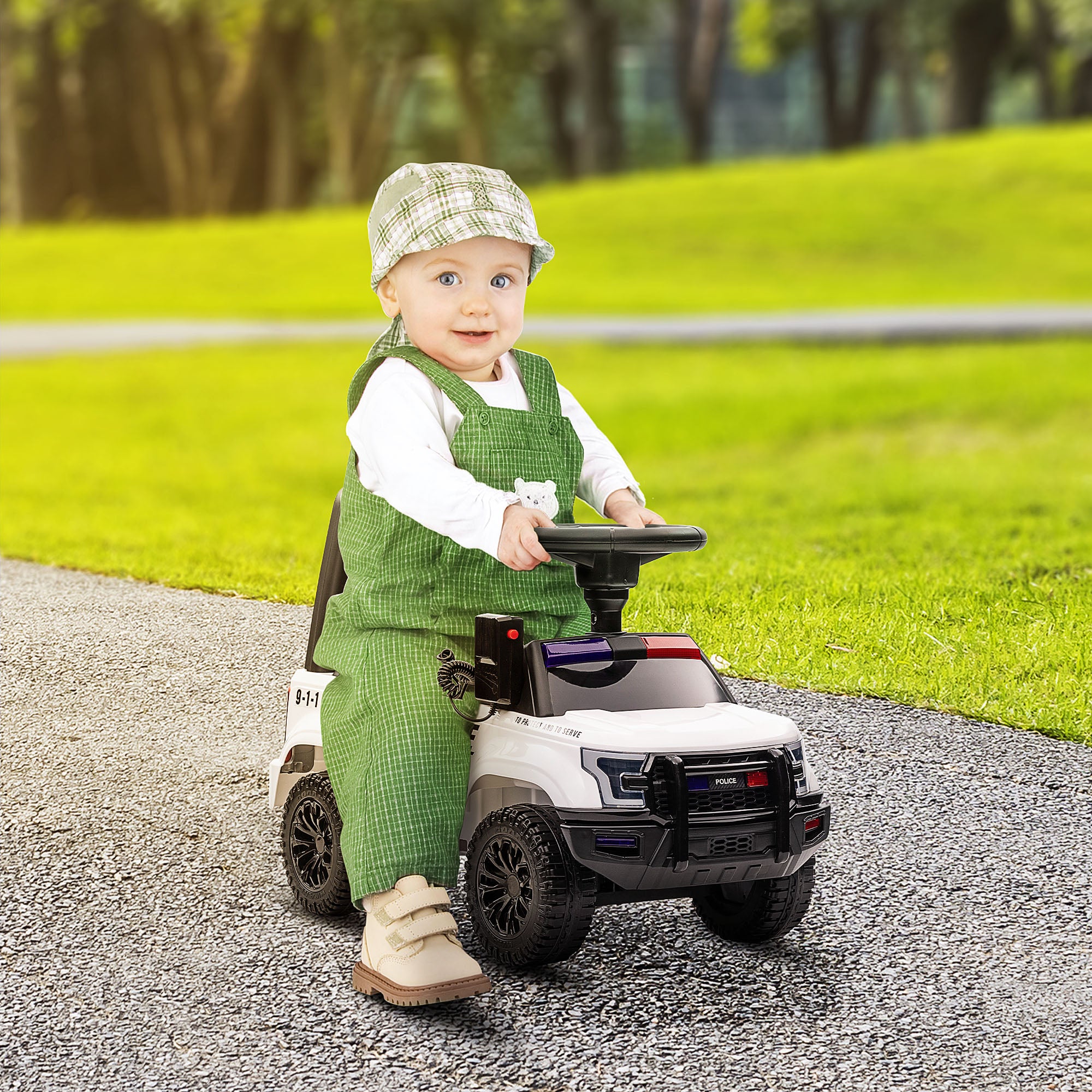 Kids Ride On Sliding Car with Hidden Under Seat Storage, Ride On Police Car for Toddler with Megaphone, Anti Dumping Device, Removable Backrest, Foot-to-Floor Design, White Push Cars for Toddlers at Gallery Canada