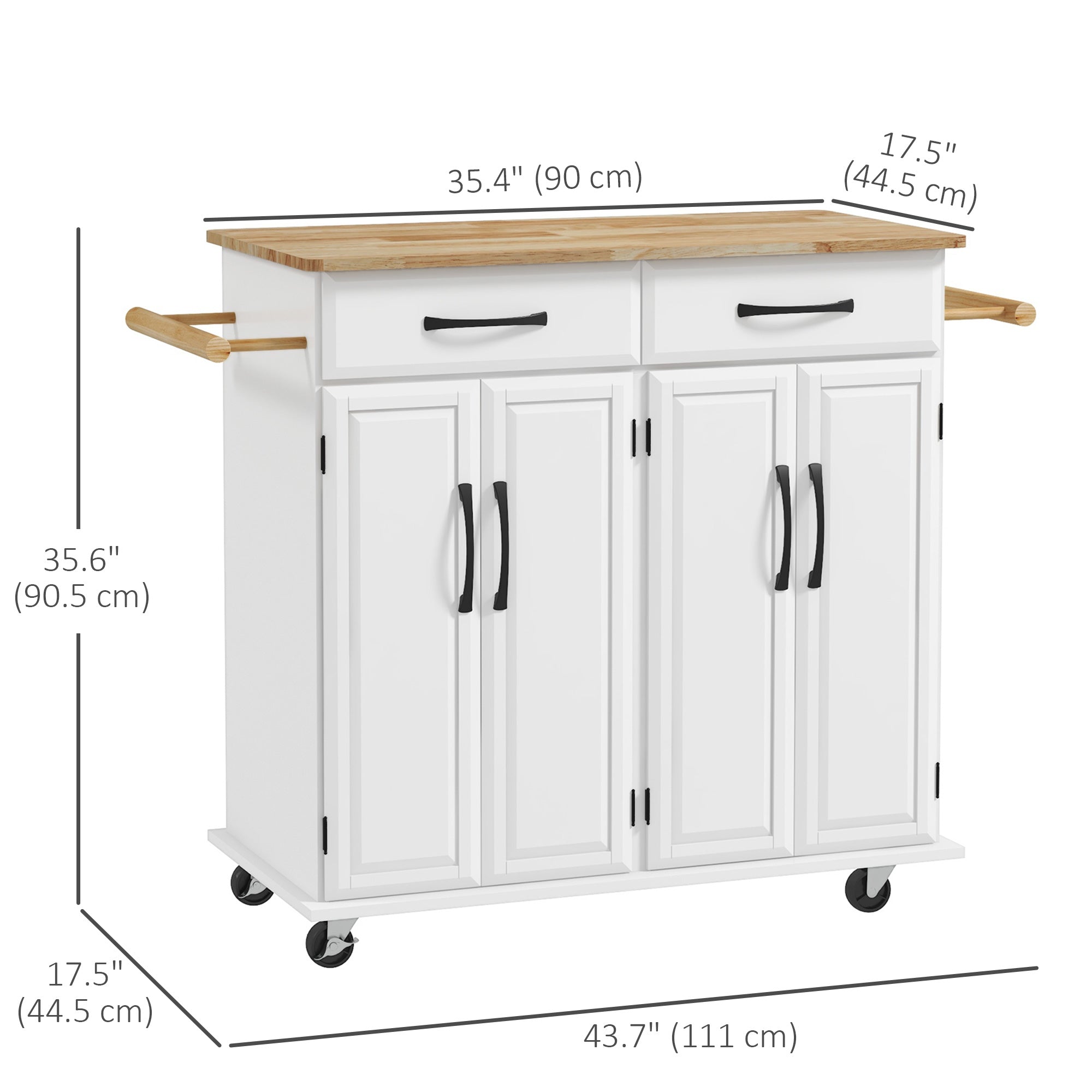 Kitchen Island on Wheels with Rubberwood Top, Rolling Kitchen Cart with 2 Drawers, 4 Doors and Adjustable Shelves Kitchen Islands & Kitchen Carts   at Gallery Canada