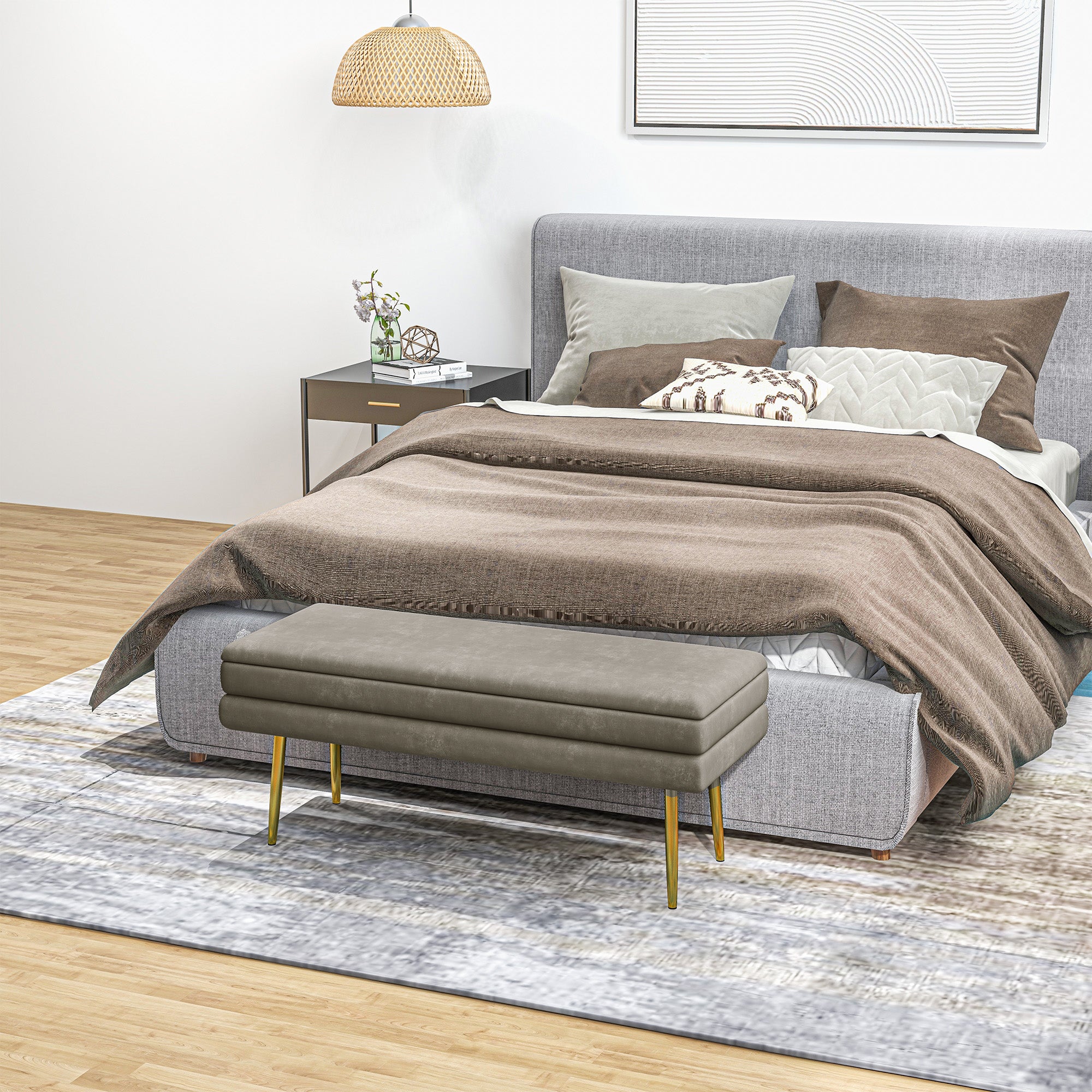 End of Bed Bench, Velvet-feel Upholstered Bench with Thick Padded Seat and Steel Legs, Modern Bedroom Bench, Beige Storage Ottomans & Benches at Gallery Canada