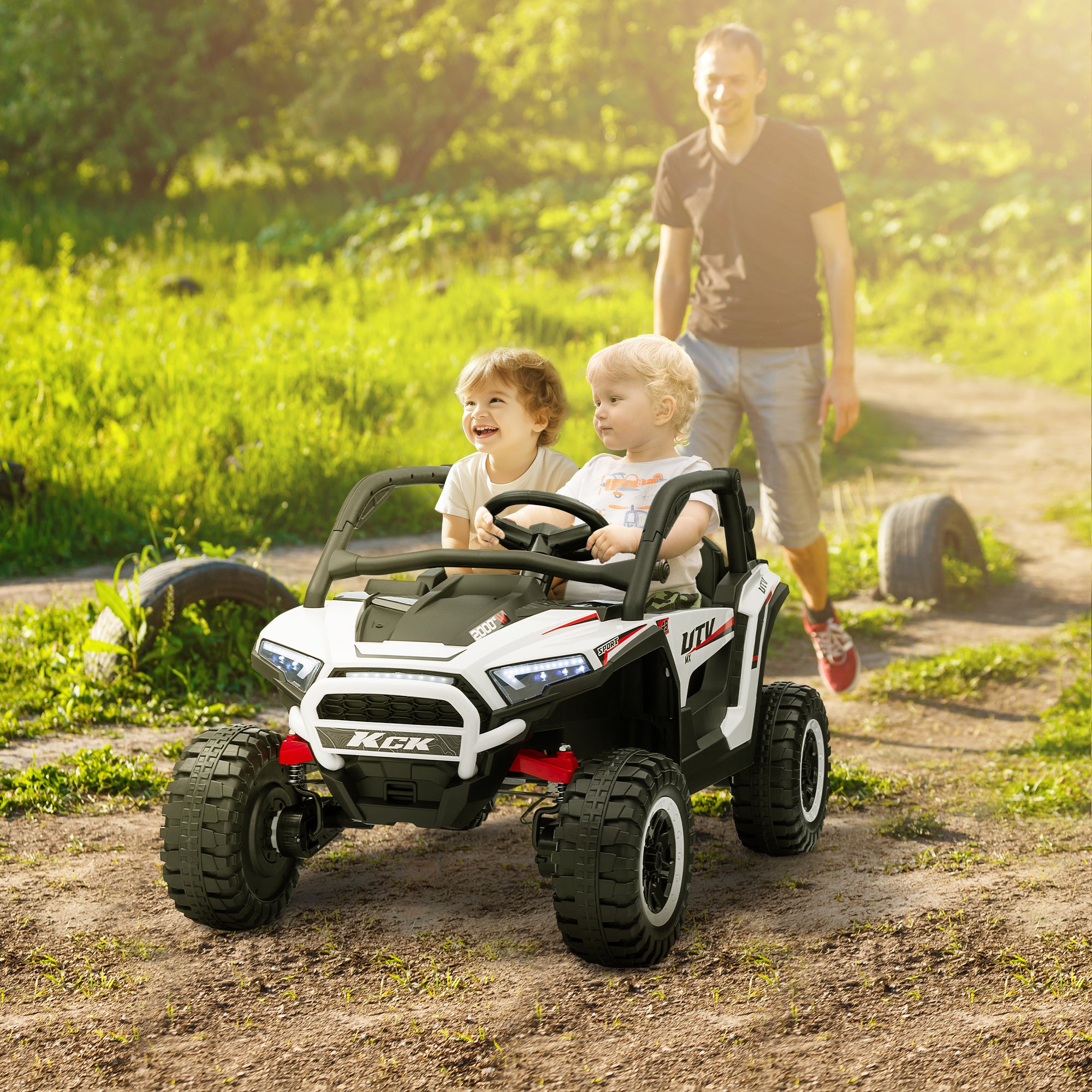 2 Seater 24V 7AH Ride on Truck, Electric Car for Kids w/ Spring Suspension, Remote Lights, Horn, Music, White Electric Toy Cars White  at Gallery Canada