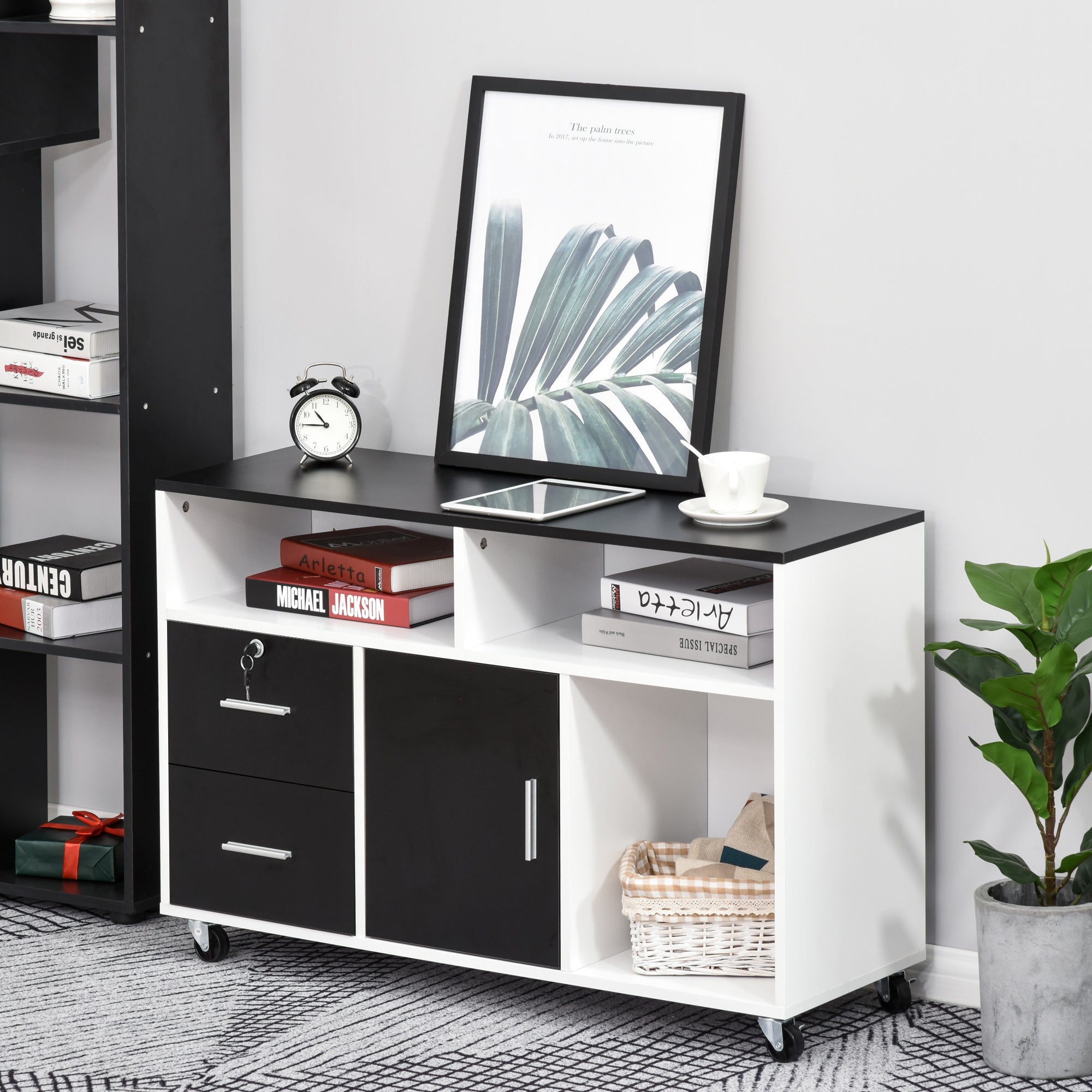 Lateral Filing Cabinet, Printer Stand Home Office Mobile File Cabinet with Wheels, Lockable Drawer, Black Office Cabinets & Cupboards at Gallery Canada
