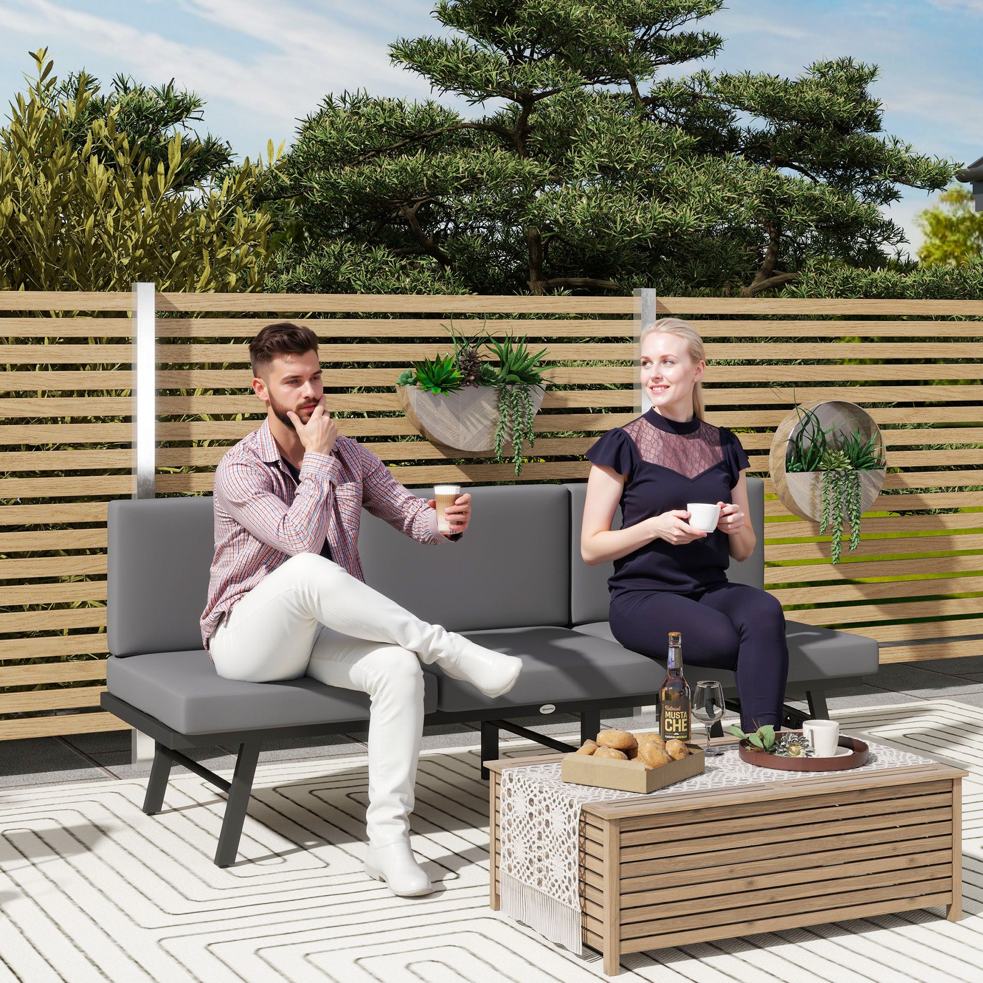 3-in-1 3-Seater Outdoor Sofa, Lounge Chair with 5-Position Adjustable Back, Patio Loveseat with Folding Table, Grey Patio Chairs at Gallery Canada