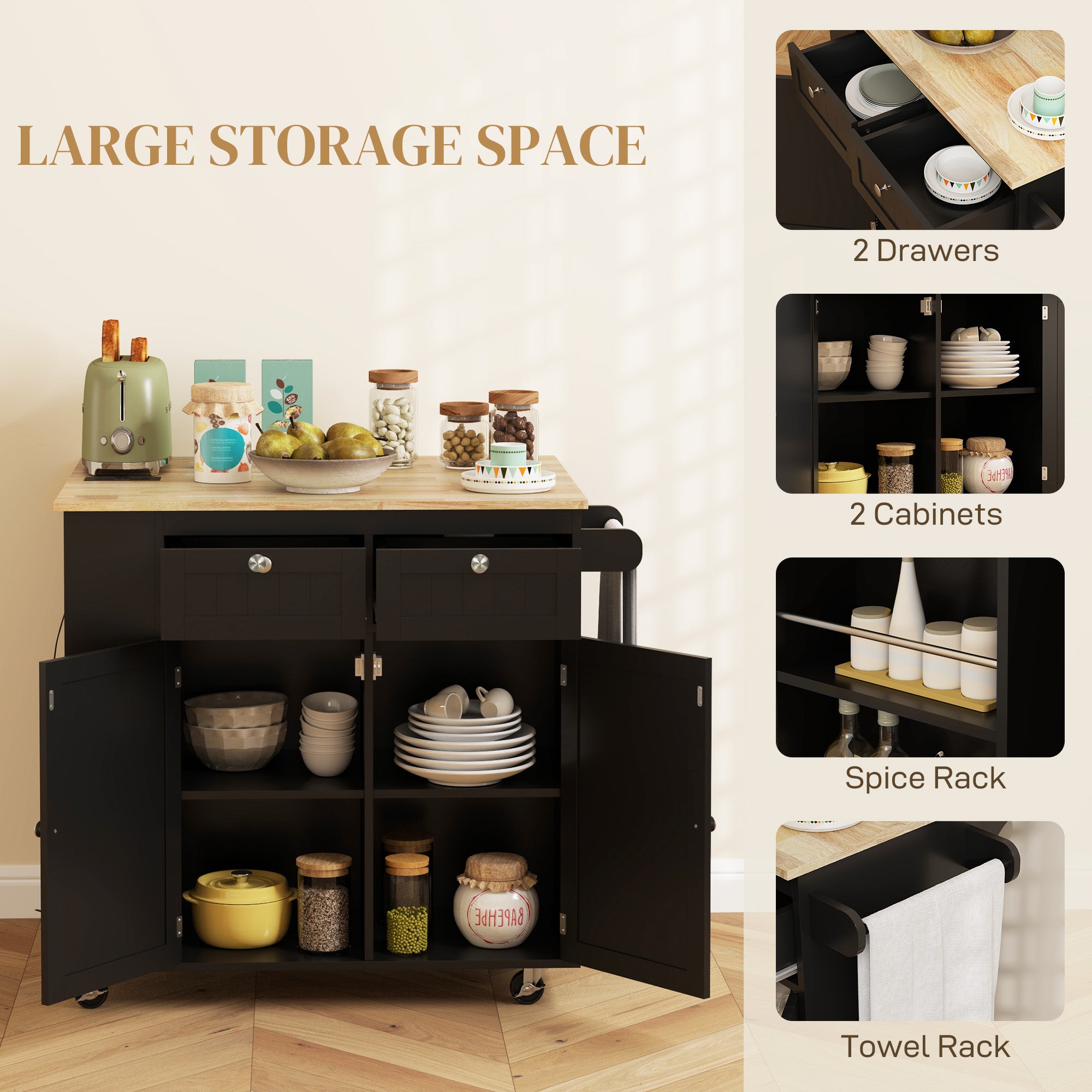 Kitchen Island with Power Outlet and Drop Leaf, Rolling Kitchen Cart with 2 Drawers and Adjustable Shelves, Black Kitchen Islands & Kitchen Carts at Gallery Canada