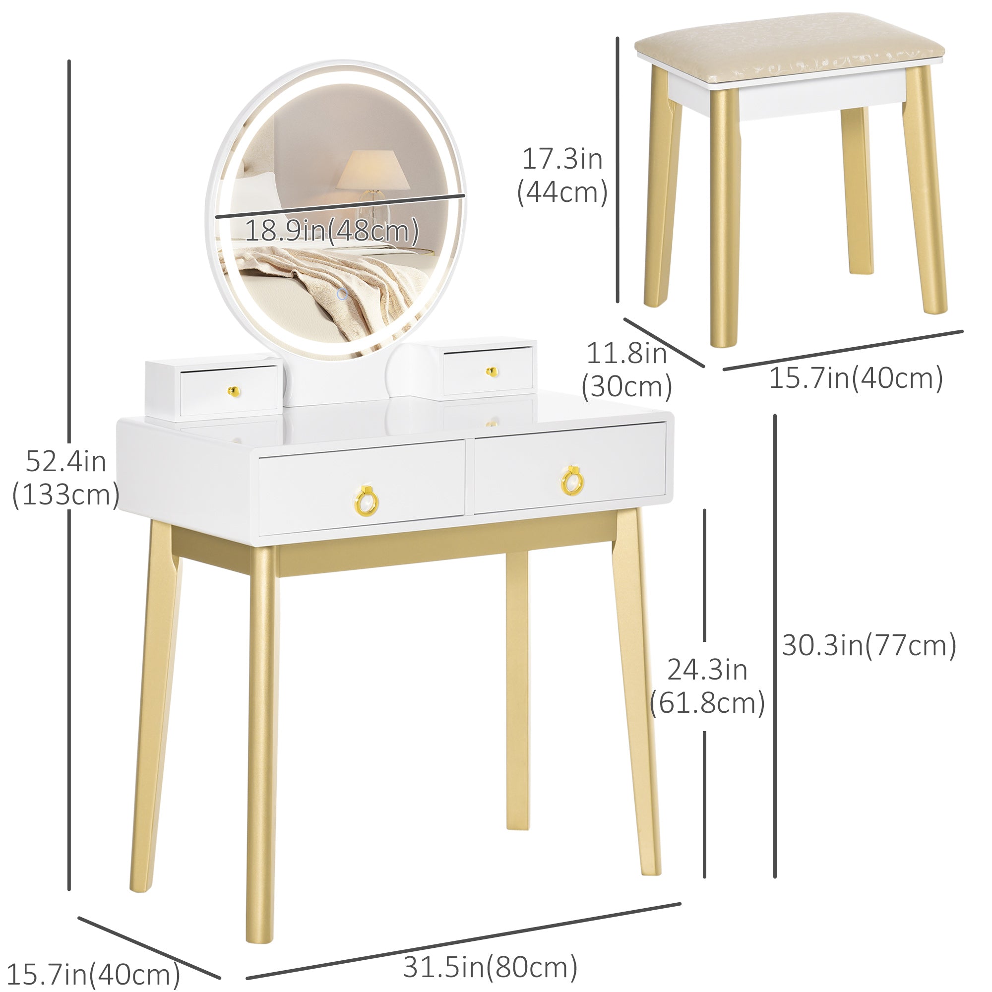 Makeup Vanity Table Set with Round Mirror, Built-in 3 Color LED Light, Dressing Desk with 4 Drawers and Cushioned Stool for Bedroom, White Dressing & Vanity Tables at Gallery Canada