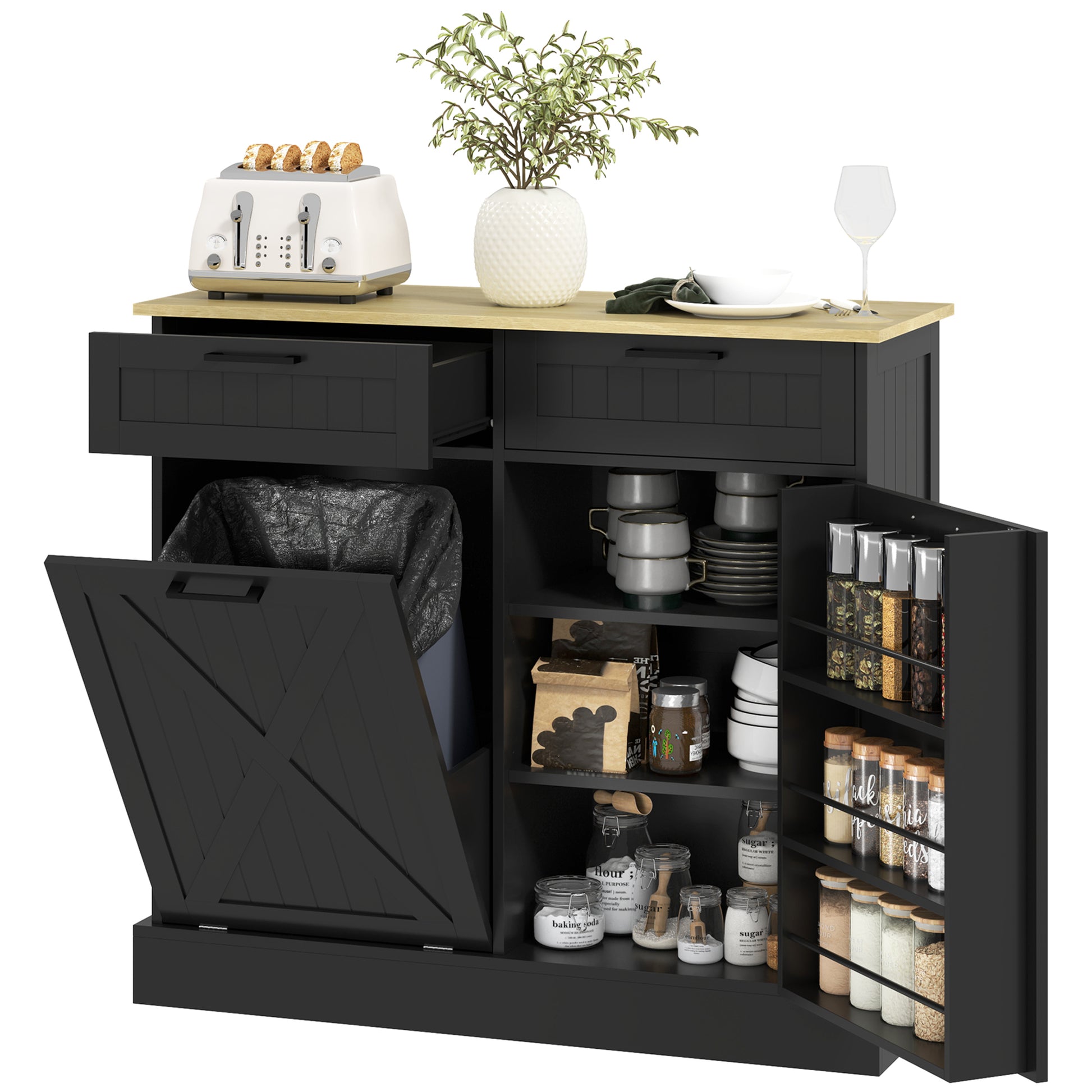 Hidden Garbage Bin Cabinet, Tilt Out Trash Cabinet w/ 2 Drawers, Freestanding Kitchen Island for Laundry, Black Bar Cabinets   at Gallery Canada