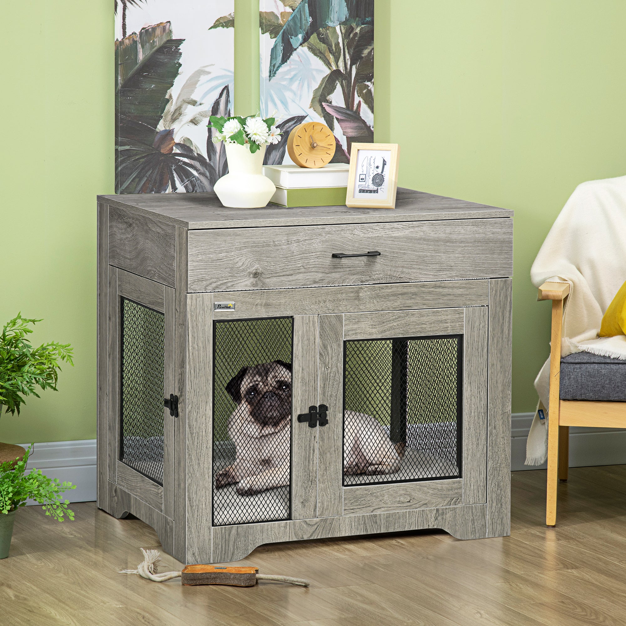 Dog Crate Furniture with Cushion, 2 Doors, Storage, Dog Kennel End Table for Small Medium Dogs, Grey Houses, Kennels & Pens at Gallery Canada