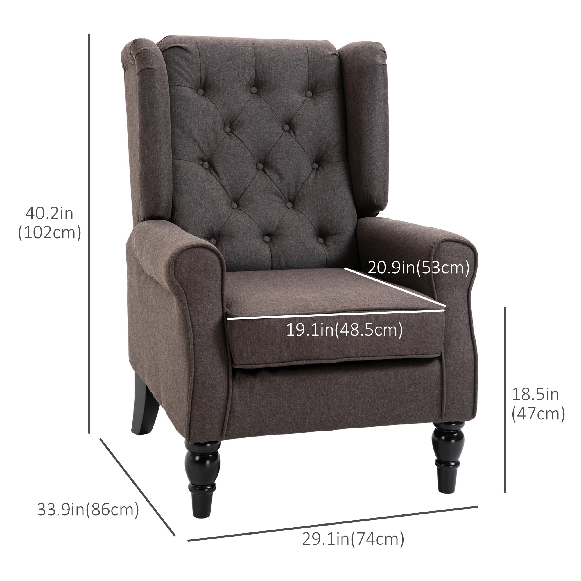 Fabric Accent Chair, Button Tufted Armchair, Modern Living Room Chair, Wingback Chair with Wood Legs, Rolled Arms, Thick Padding for Bedroom, Brown Single Sofas   at Gallery Canada