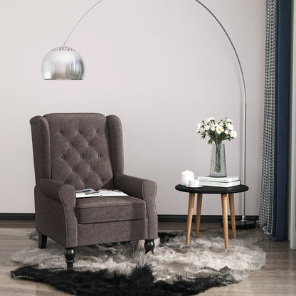 Fabric Accent Chair, Button Tufted Armchair, Modern Living Room Chair, Wingback Chair with Wood Legs, Rolled Arms, Thick Padding for Bedroom, Brown Single Sofas   at Gallery Canada