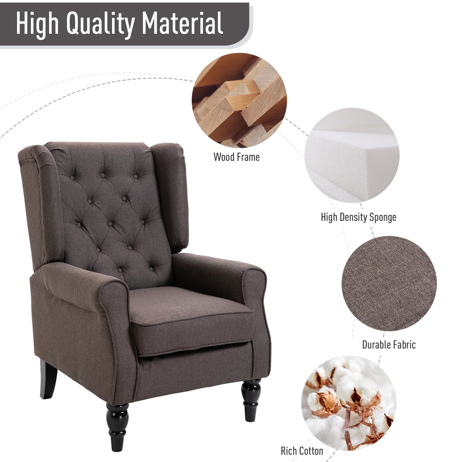 Fabric Accent Chair, Button Tufted Armchair, Modern Living Room Chair, Wingback Chair with Wood Legs, Rolled Arms, Thick Padding for Bedroom, Brown Single Sofas   at Gallery Canada