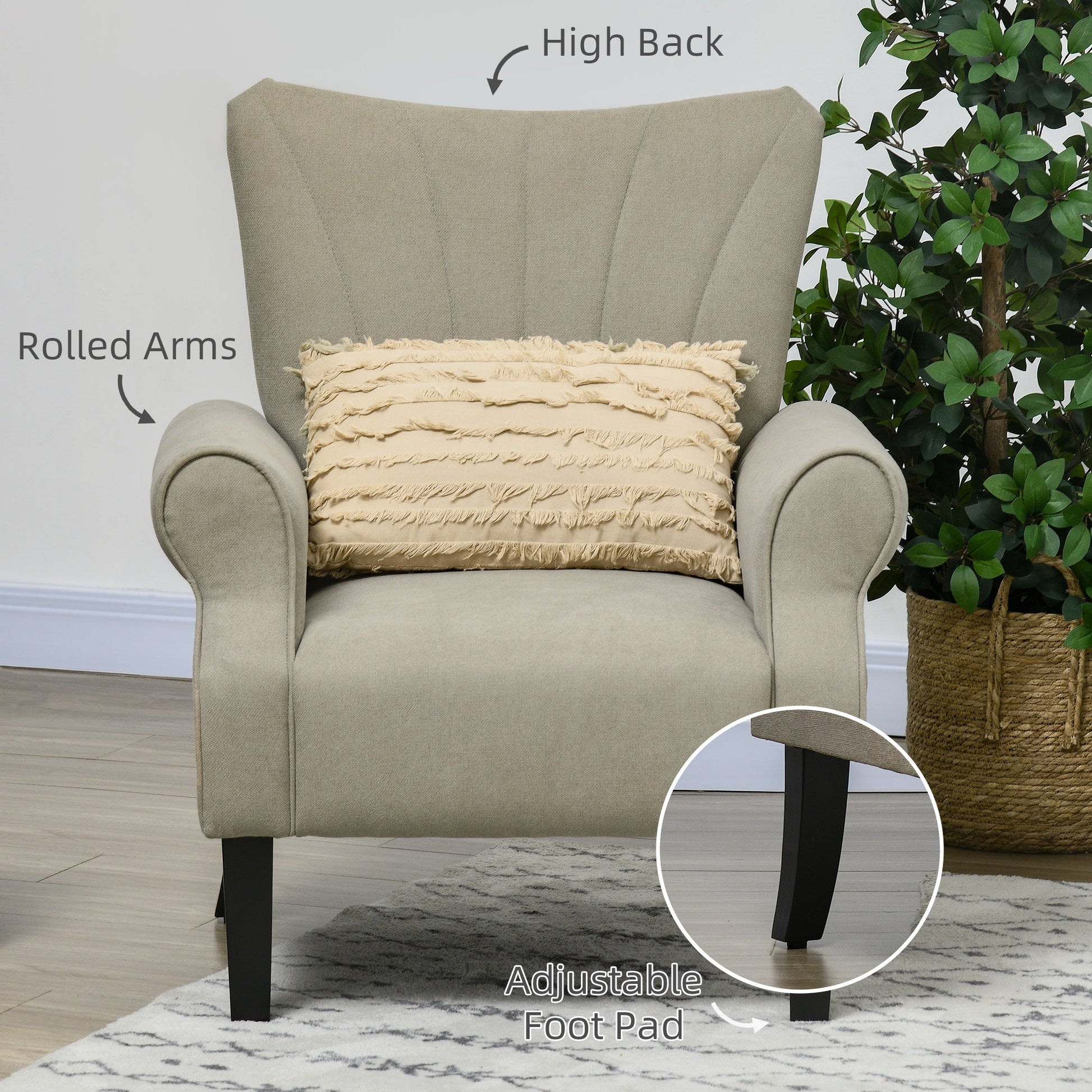 Fabric Armchair, Modern Accent Chair with Wood Legs for Living Room, Bedroom, Home Office, Beige Accent Chairs   at Gallery Canada