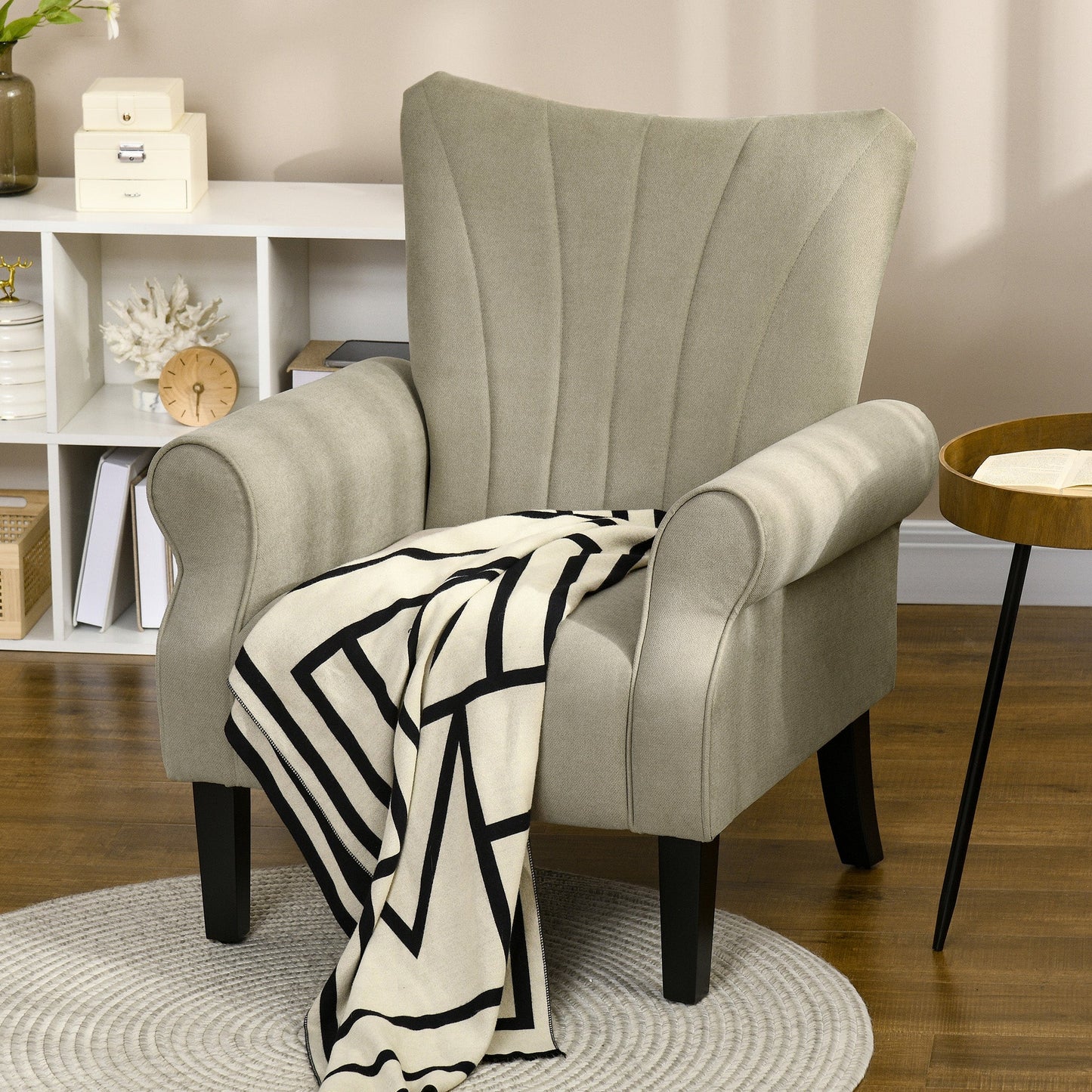 Fabric Armchair, Modern Accent Chair with Wood Legs for Living Room, Bedroom, Home Office, Beige Accent Chairs   at Gallery Canada