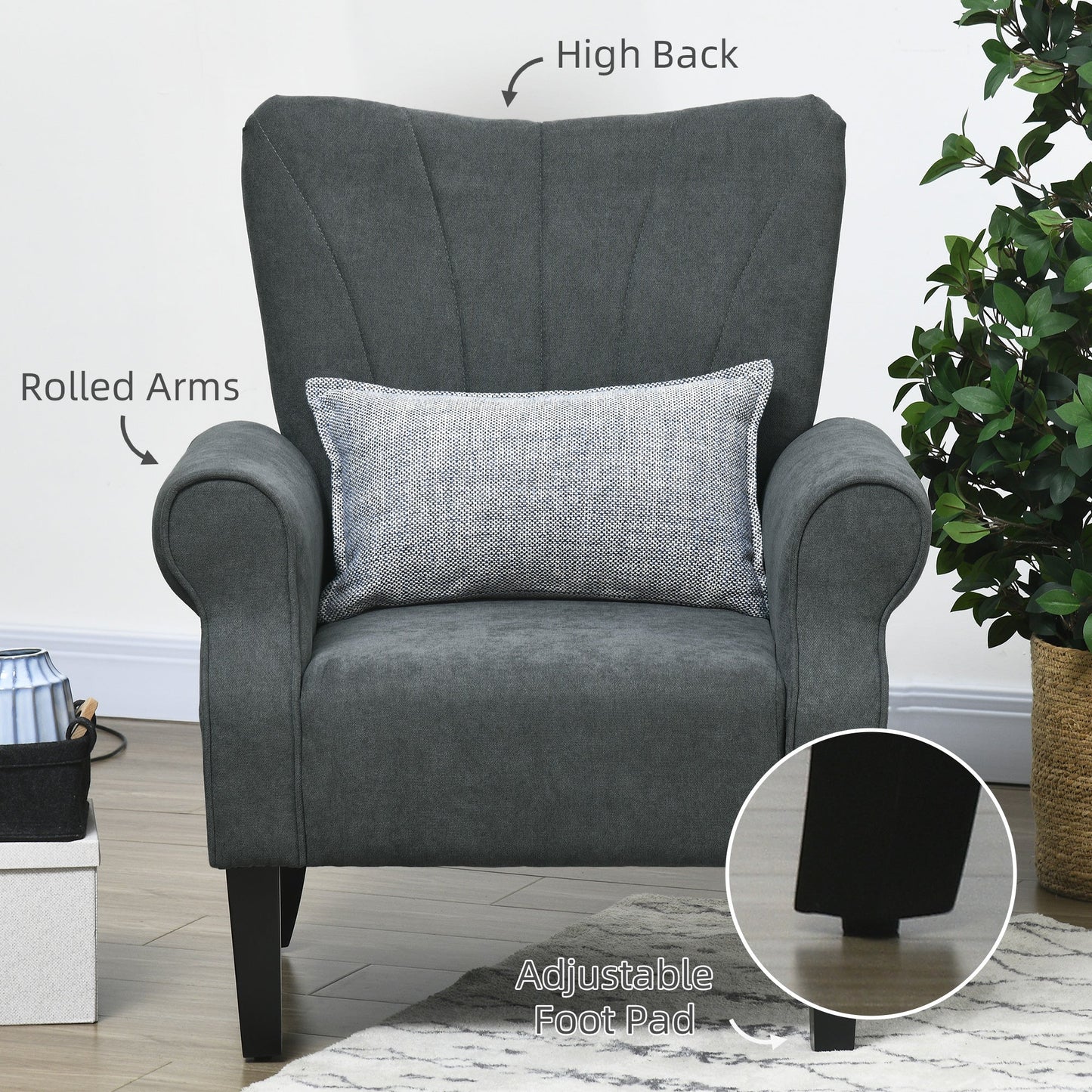 Fabric Armchair, Modern Accent Chair with Wood Legs for Living Room, Bedroom, Home Office, Dark Grey Accent Chairs   at Gallery Canada