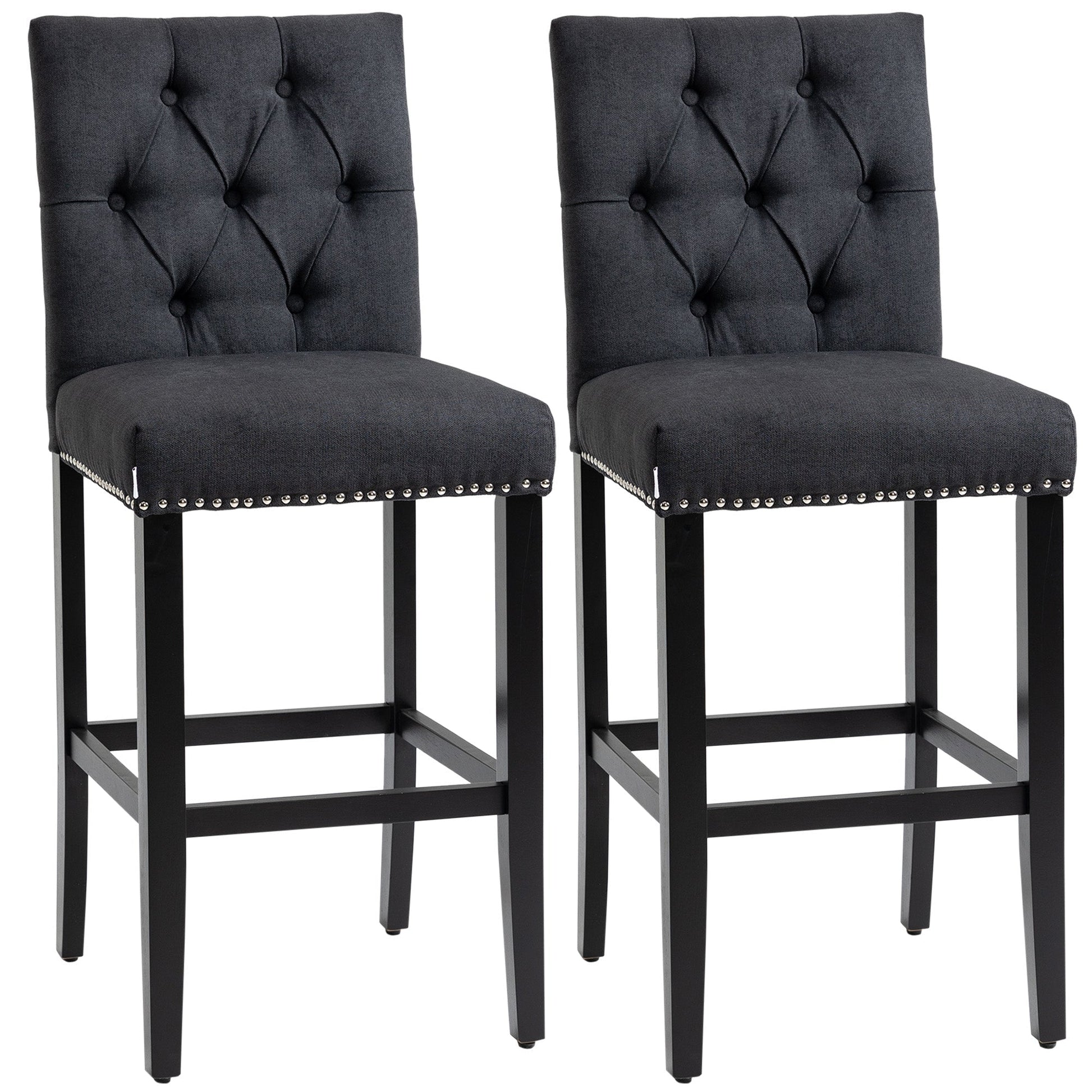 Fabric Bar Stool Set of 2, Tall 29.5" Seat Height Bar Chairs with Tufted Back &; Wood Legs, Dark Grey Bar Stools Dark Grey  at Gallery Canada