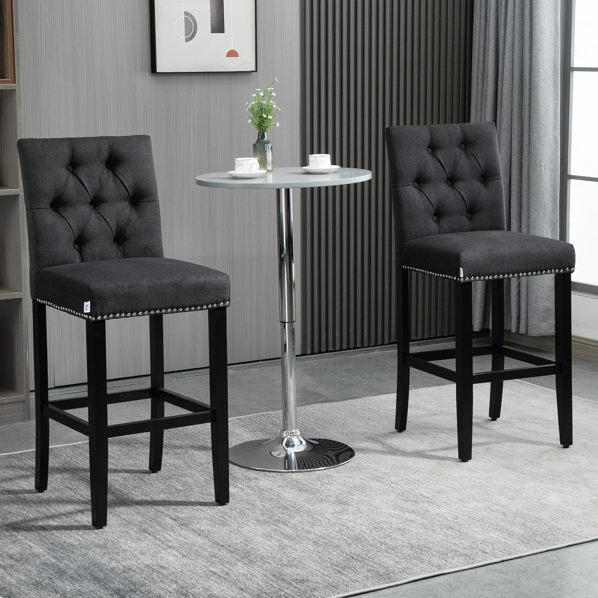 Fabric Bar Stool Set of 2, Tall 29.5" Seat Height Bar Chairs with Tufted Back &; Wood Legs, Dark Grey Bar Stools   at Gallery Canada