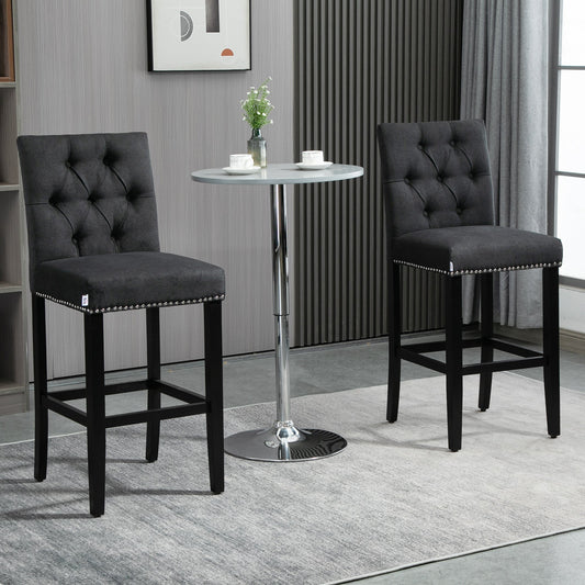 Fabric Bar Stool Set of 2, Tall 29.5" Seat Height Bar Chairs with Tufted Back &; Wood Legs, Dark Grey Bar Stools Dark Grey  at Gallery Canada