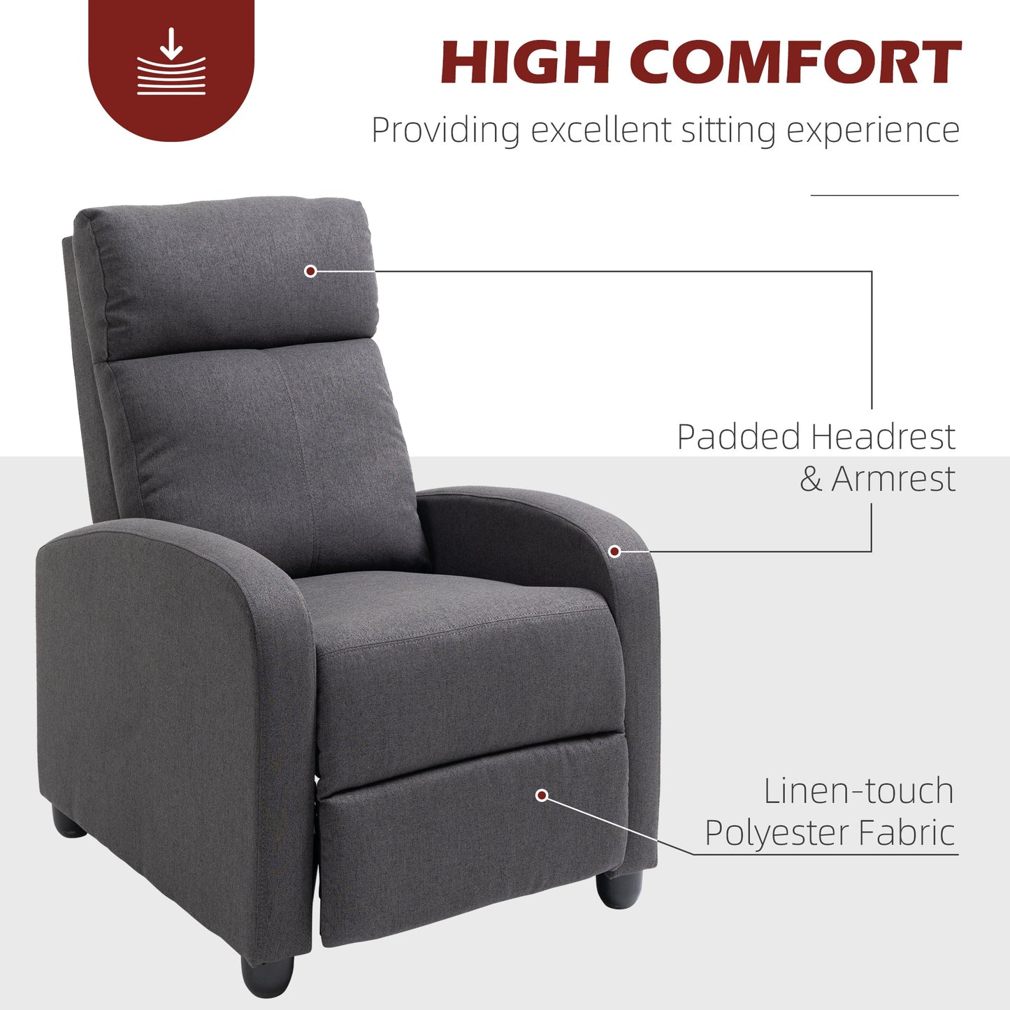 Fabric Recliner Chair Manual Home Theater Seating Single Reclining Sofa Chair with Padded Seat for Living Room, Dark Grey Single Sofas   at Gallery Canada