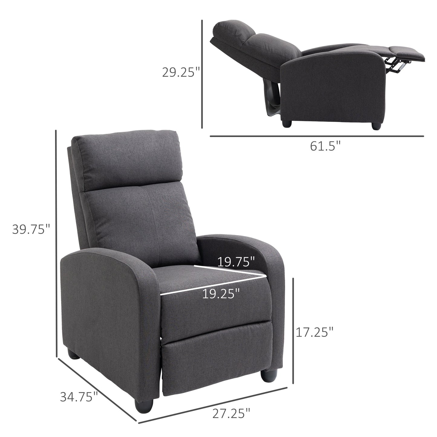 Fabric Recliner Chair Manual Home Theater Seating Single Reclining Sofa Chair with Padded Seat for Living Room, Dark Grey Single Sofas   at Gallery Canada