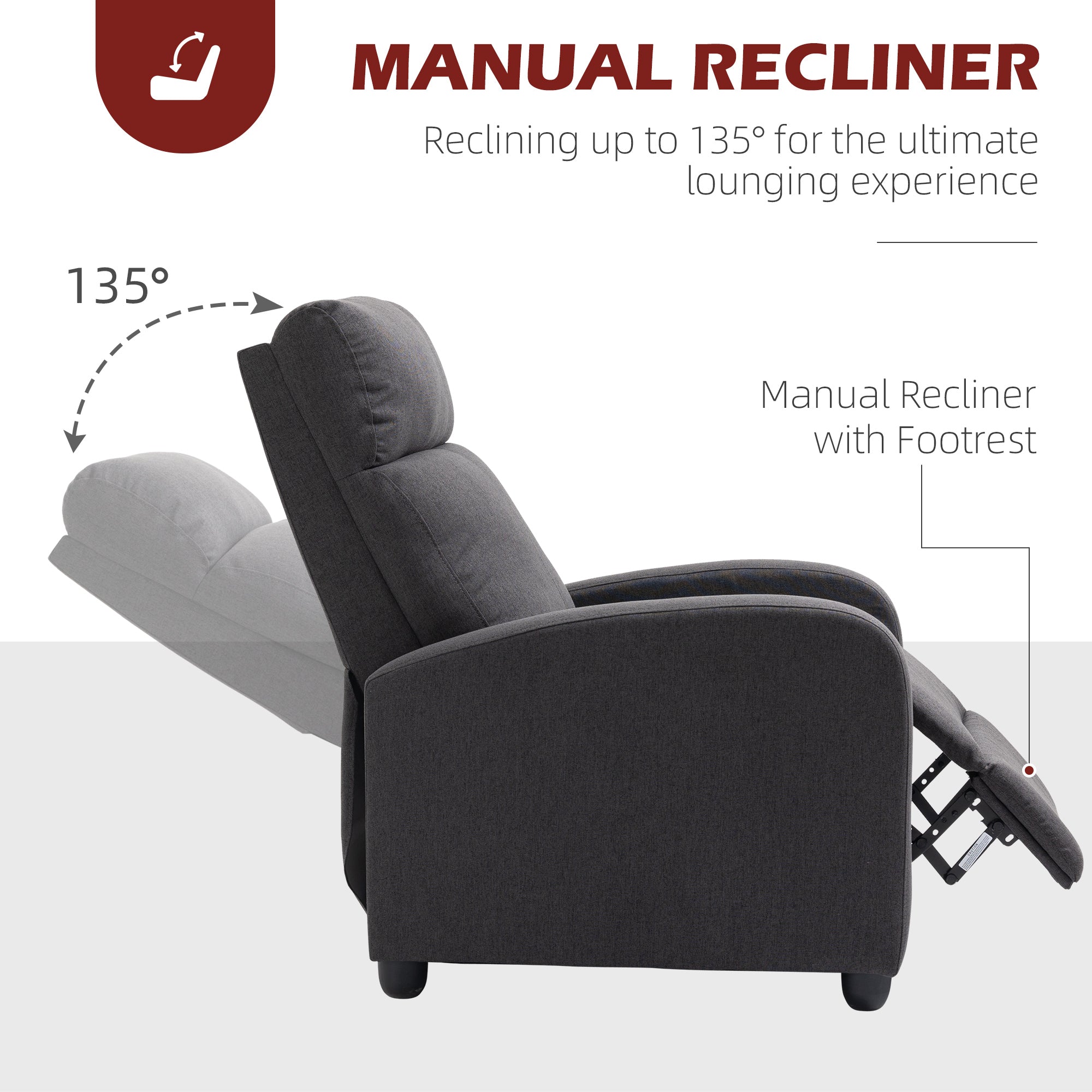 Fabric Recliner Chair Manual Home Theater Seating Single Reclining Sofa Chair with Padded Seat for Living Room, Dark Grey Single Sofas   at Gallery Canada