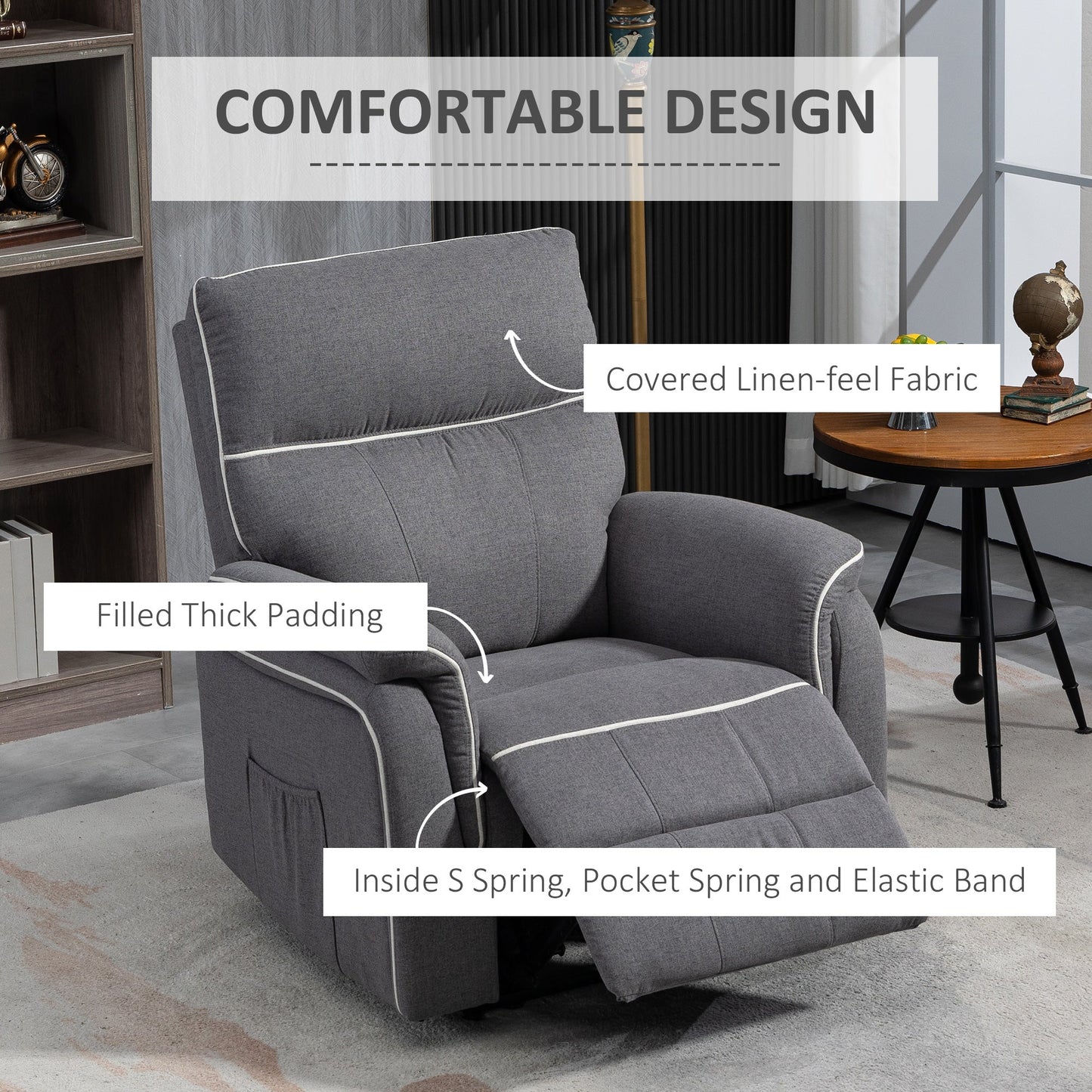 Fabric Reclining Chair, Manual Recliner Chair for Living Room with Footrest, 2 Side Pockets, Steel Frame, Dark Grey Single Sofas   at Gallery Canada