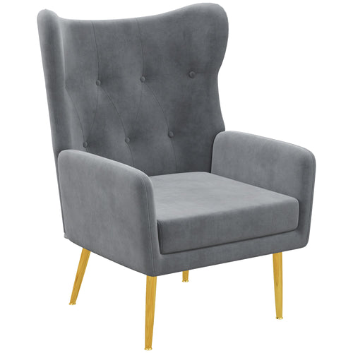 Fabric Wingback Armchair, Modern Accent Chair with Gold Metal Legs for Living Room, Bedroom, Home Office, Grey