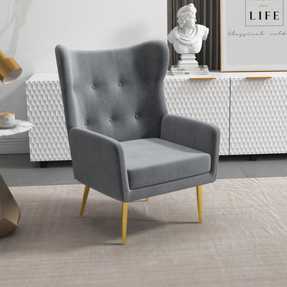 Fabric Wingback Armchair, Modern Accent Chair with Gold Metal Legs for Living Room, Bedroom, Home Office, Grey Accent Chairs   at Gallery Canada