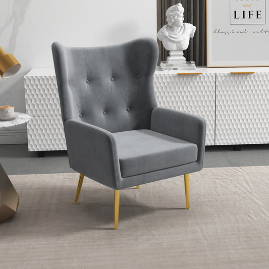 Fabric Wingback Armchair, Modern Accent Chair with Gold Metal Legs for Living Room, Bedroom, Home Office, Grey Accent Chairs Grey  at Gallery Canada