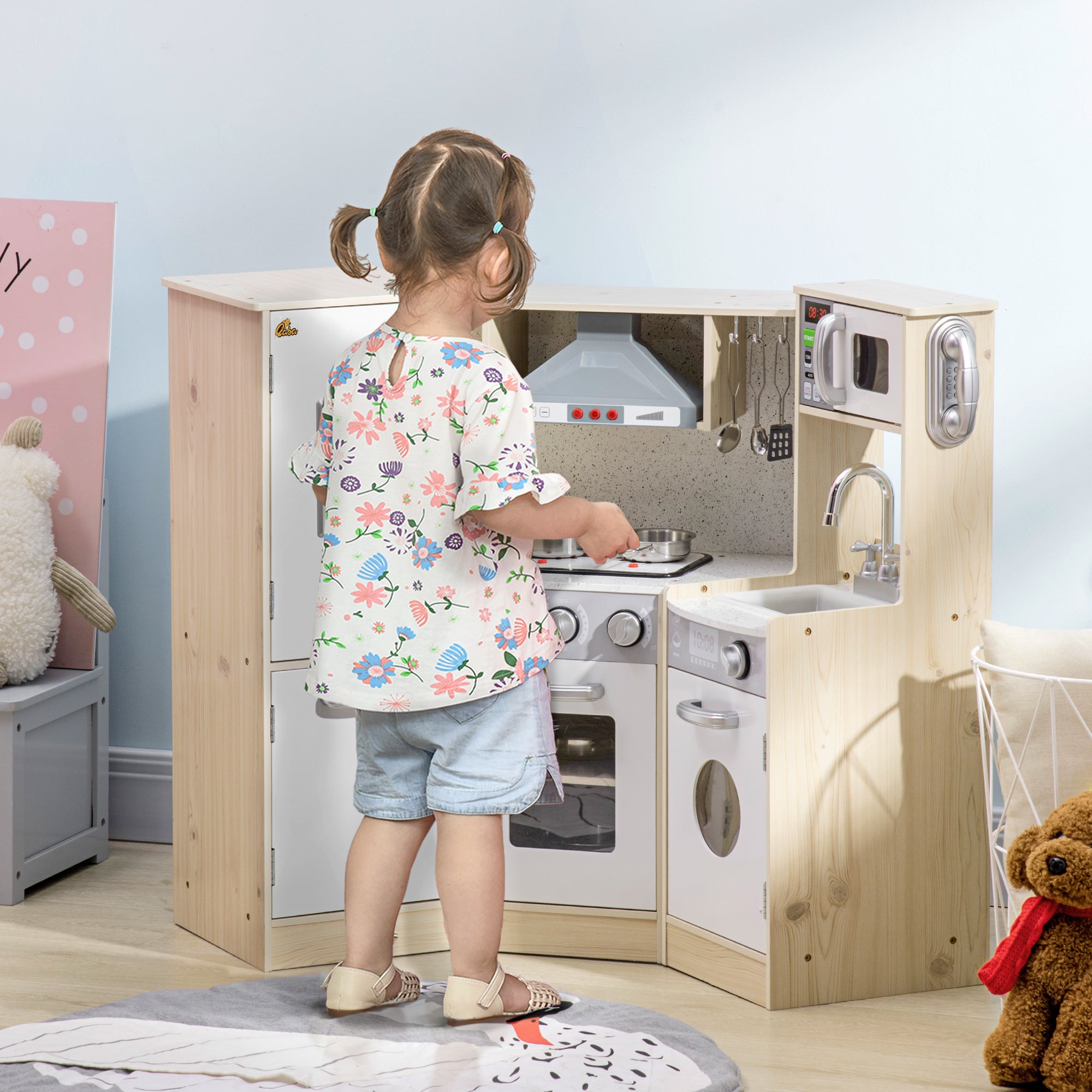 Wooden Play Kitchen with Lights Sounds, Corner Kids Kitchen Playset with Play Phone, Ice Maker, Microwave, Range Hood, Refrigerator, Utensils, Gift for Ages 3-6 Years Old, White Play Kitchen at Gallery Canada