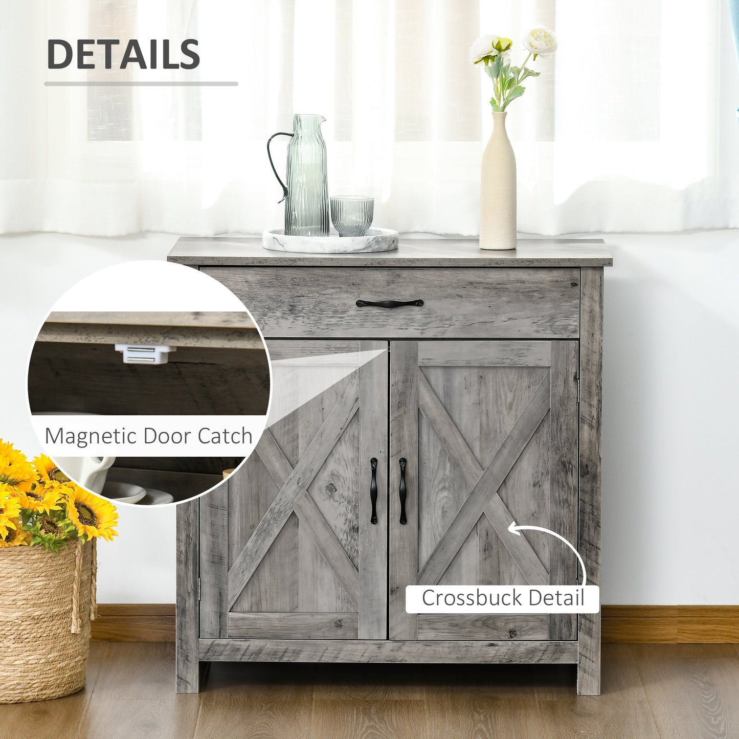 Farmhouse Barn Door Sideboard Accent Buffet Storage Cabinet Coffee Bar for Living Room, Entryway, Ash Grey Bar Cabinets   at Gallery Canada