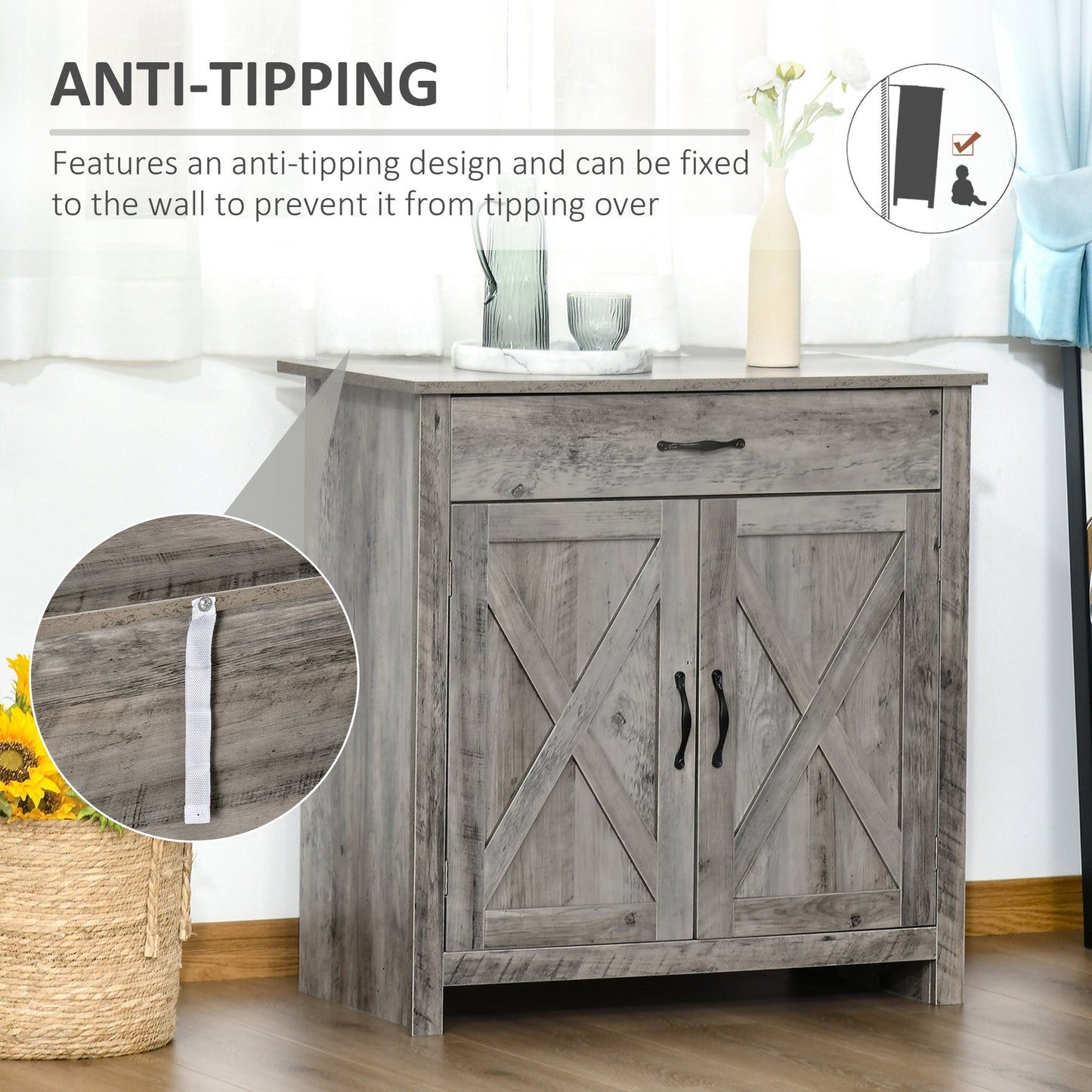 Farmhouse Barn Door Sideboard Accent Buffet Storage Cabinet Coffee Bar for Living Room, Entryway, Ash Grey Bar Cabinets   at Gallery Canada