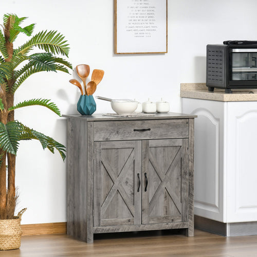 Farmhouse Barn Door Sideboard Accent Buffet Storage Cabinet Coffee Bar for Living Room, Entryway, Ash Grey