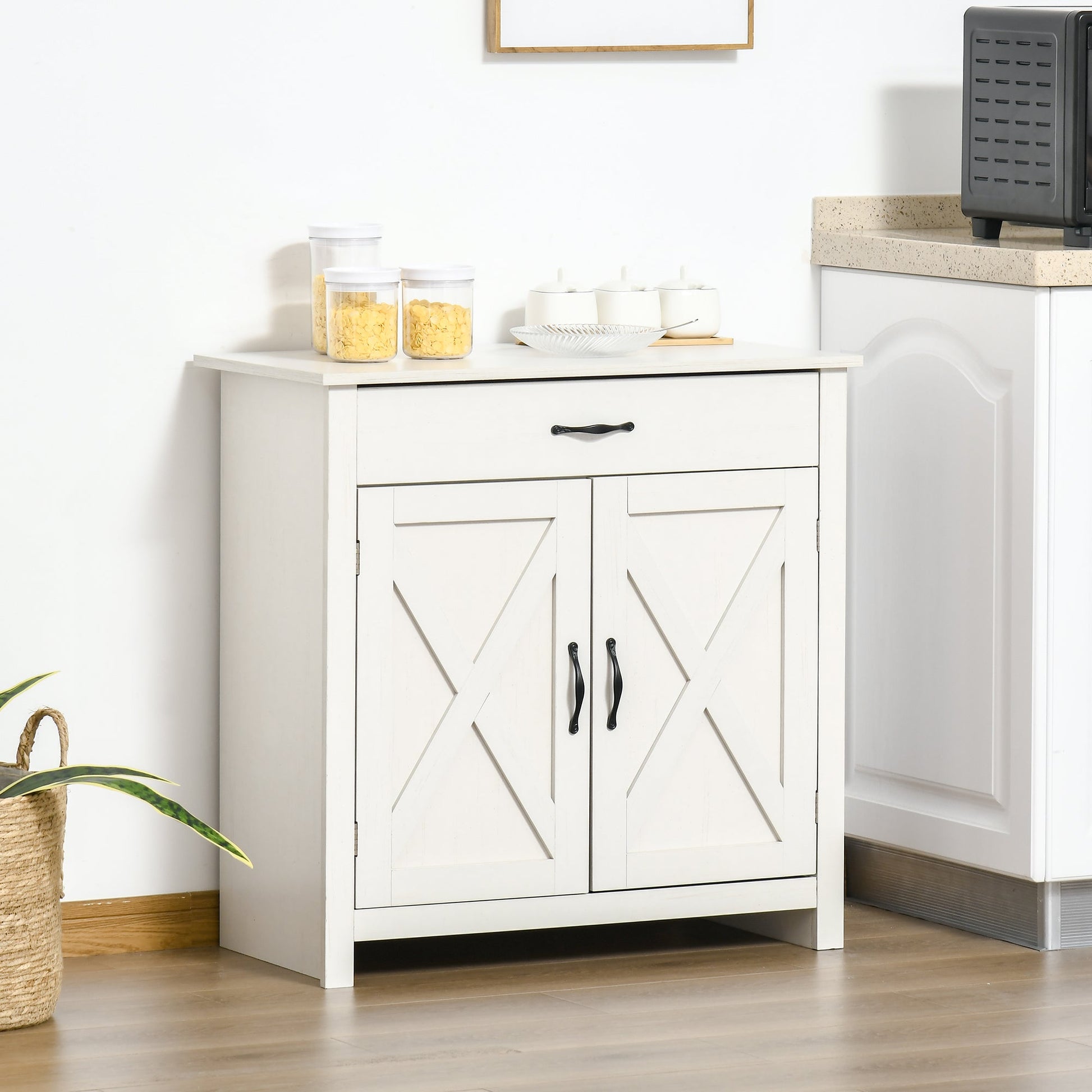 Farmhouse Barn Door Sideboard Accent Buffet Storage Cabinet Coffee Bar for Living Room, Entryway, Distressed White Bar Cabinets   at Gallery Canada