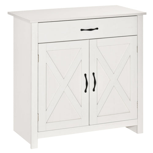 Farmhouse Barn Door Sideboard Accent Buffet Storage Cabinet Coffee Bar for Living Room, Entryway, Distressed White