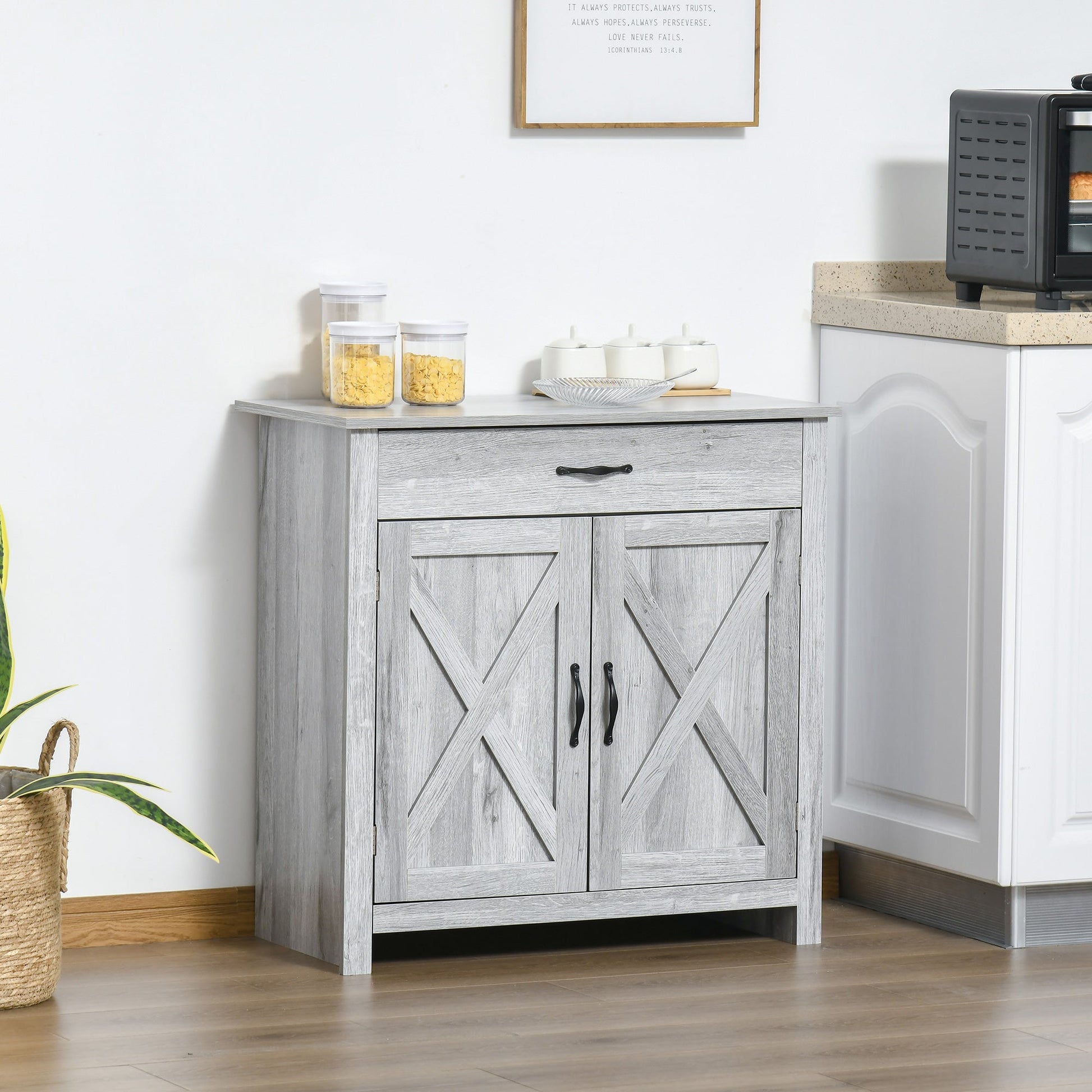 Farmhouse Barn Door Sideboard Accent Buffet Storage Cabinet Coffee Bar for Living Room, Entryway, Grey Bar Cabinets   at Gallery Canada