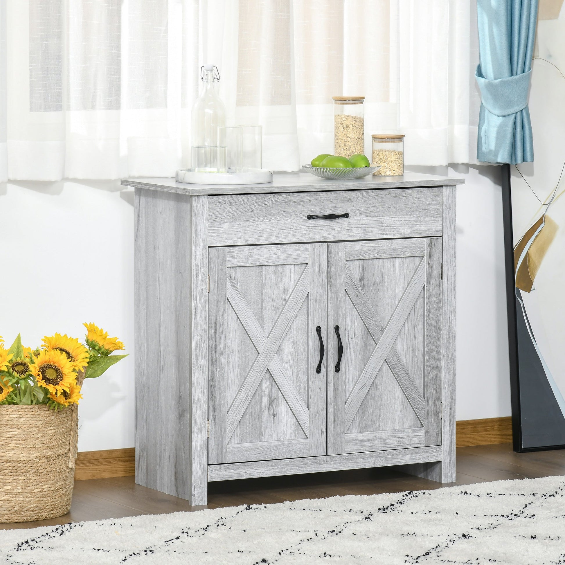 Farmhouse Barn Door Sideboard Accent Buffet Storage Cabinet Coffee Bar for Living Room, Entryway, Grey Bar Cabinets   at Gallery Canada