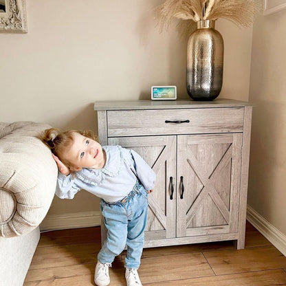 Farmhouse Barn Door Sideboard Accent Buffet Storage Cabinet Coffee Bar for Living Room, Entryway, Grey Bar Cabinets   at Gallery Canada