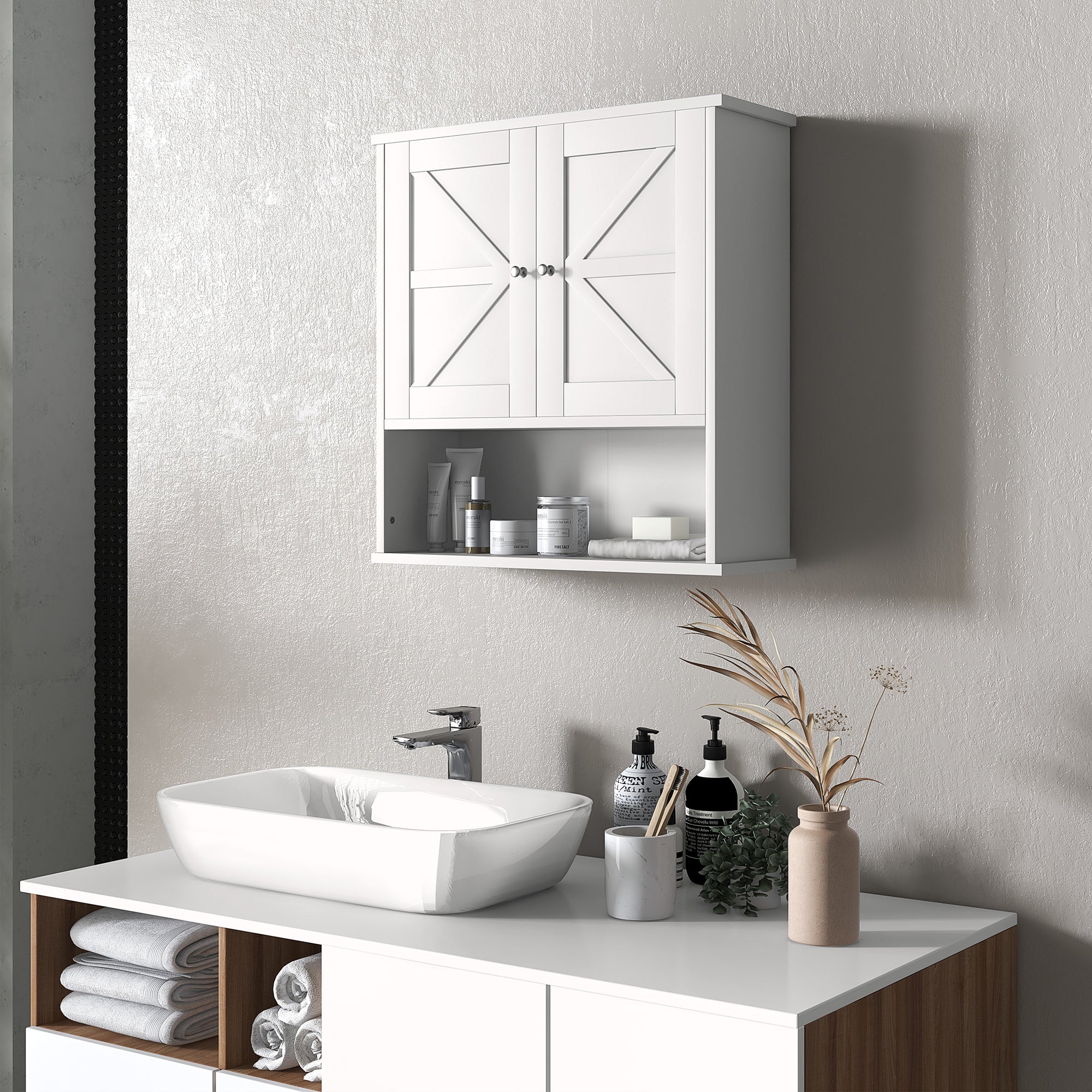 Farmhouse Bathroom Medicine Cabinet, Wall Cabinet with Barn Doors, and Adjustable Shelf for Laundry Room, White Bathroom Cabinets   at Gallery Canada