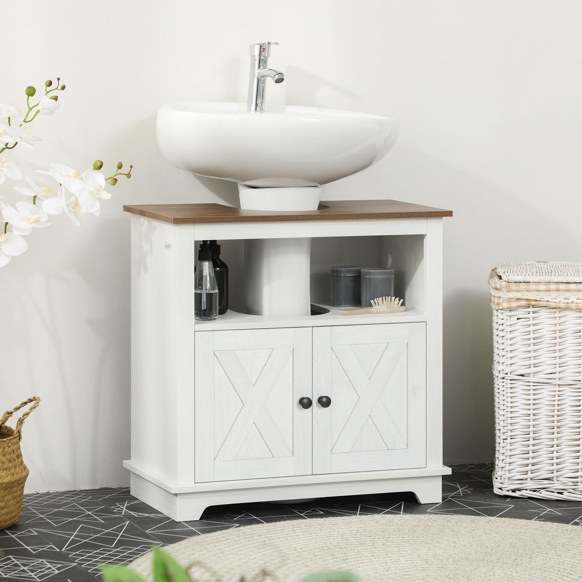 Farmhouse Bathroom Sink Cabinet, Pedestal Sink Storage Cabinet with Double Doors and Shelves, White Bathroom Cabinets   at Gallery Canada