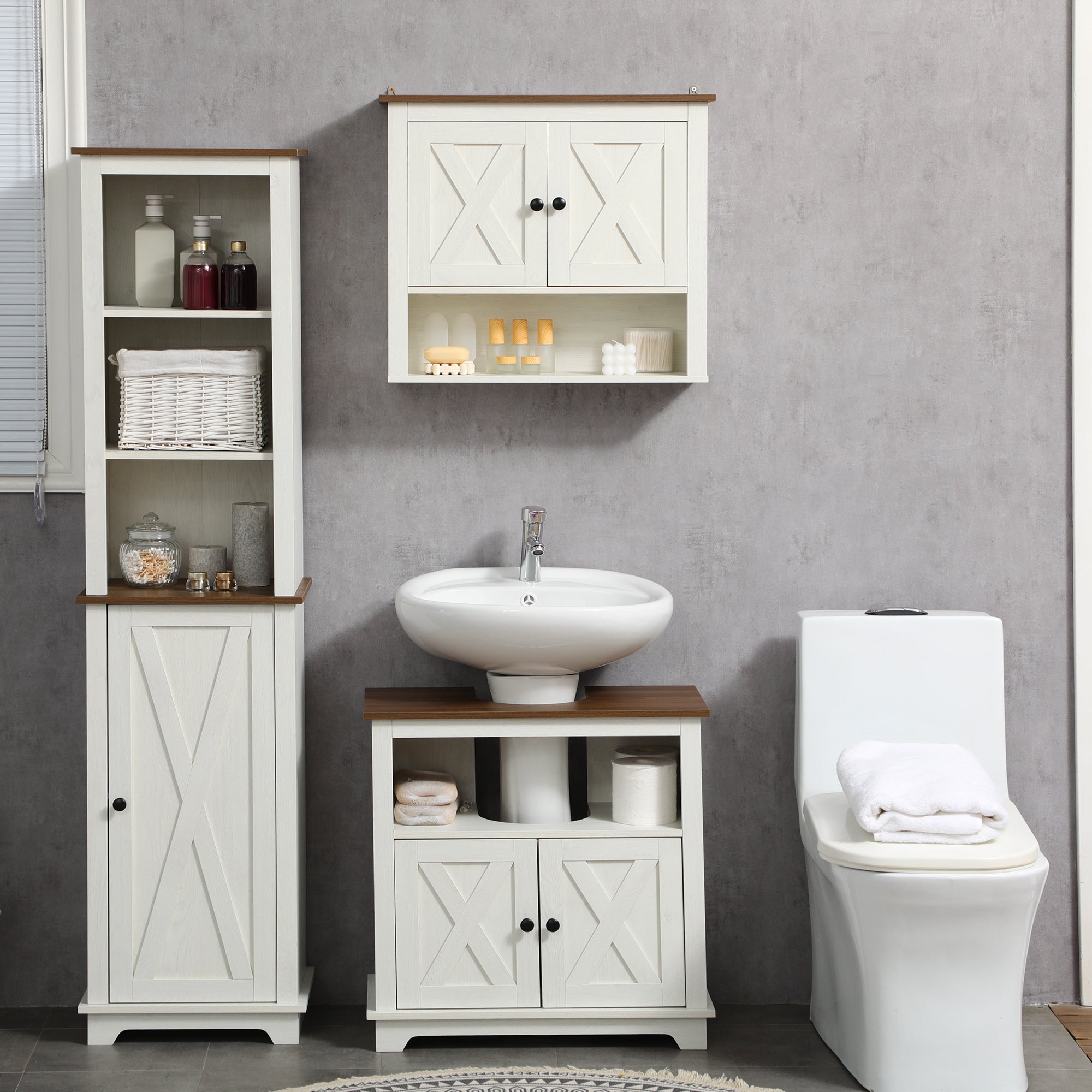 Farmhouse Bathroom Sink Cabinet, Pedestal Sink Storage Cabinet with Double Doors and Shelves, White Bathroom Cabinets   at Gallery Canada