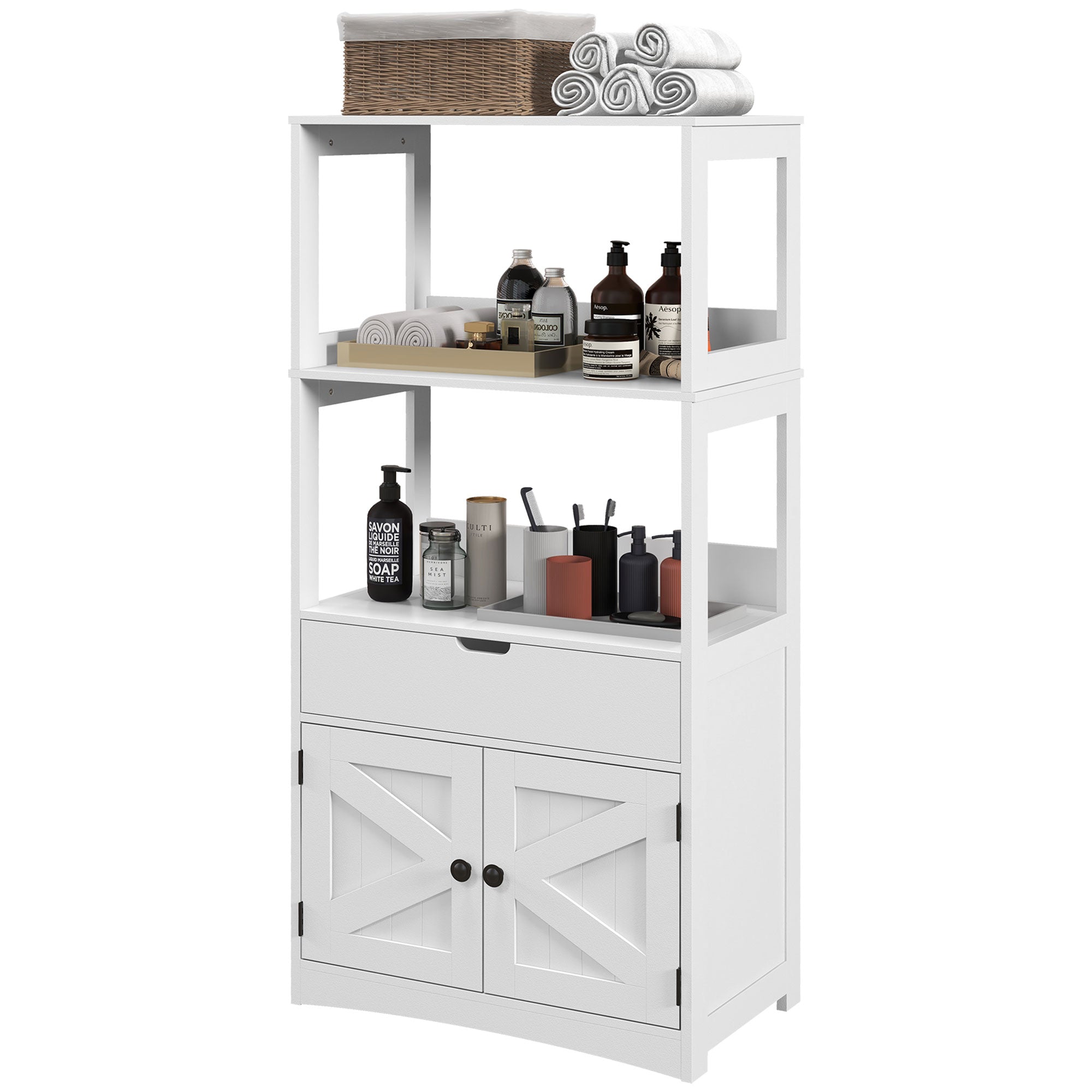 Farmhouse Bathroom Storage Cabinet, Linen Cabinet with Drawer and Shelves, 23.5