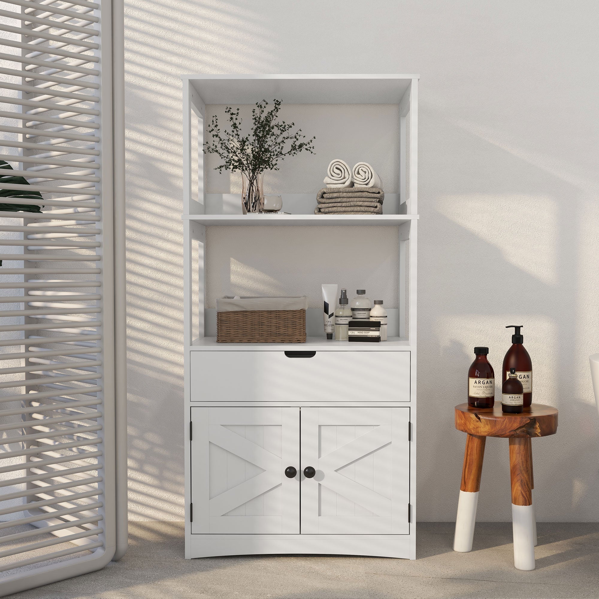 Farmhouse Bathroom Storage Cabinet, Linen Cabinet with Drawer and Shelves, 23.5