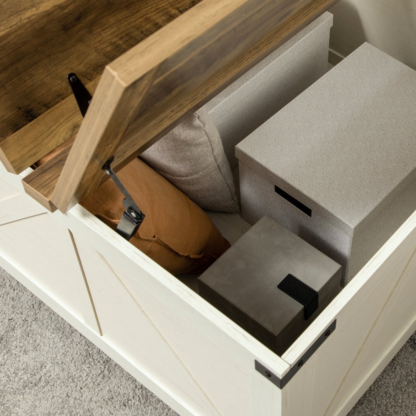 Farmhouse Coffee Table, Square Center Table with Flip-top Lids, Hidden Storage Compartment and Wooden Legs Antique White Coffee Tables   at Gallery Canada